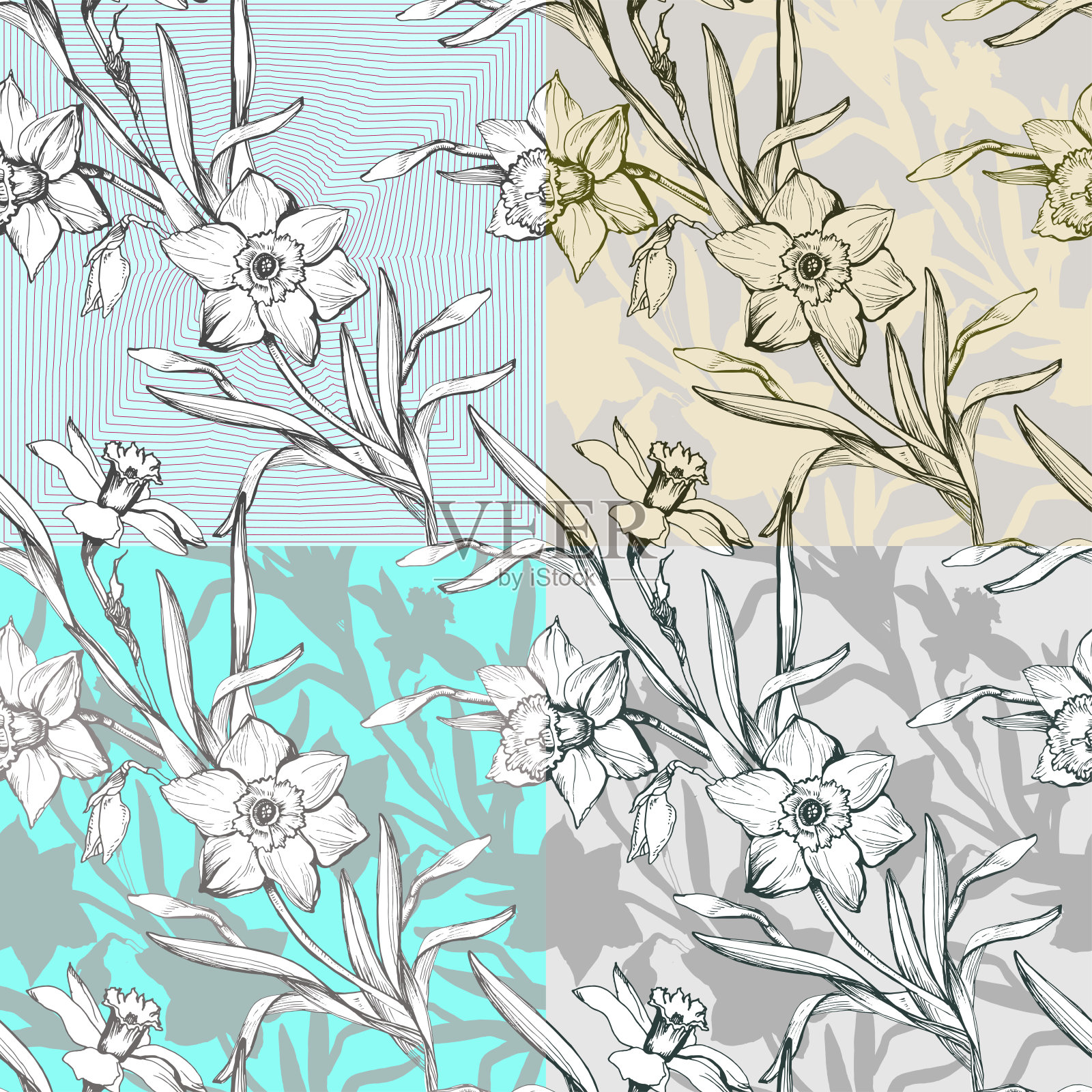 四套花卉无缝模式与轮廓和轮廓插画图片素材