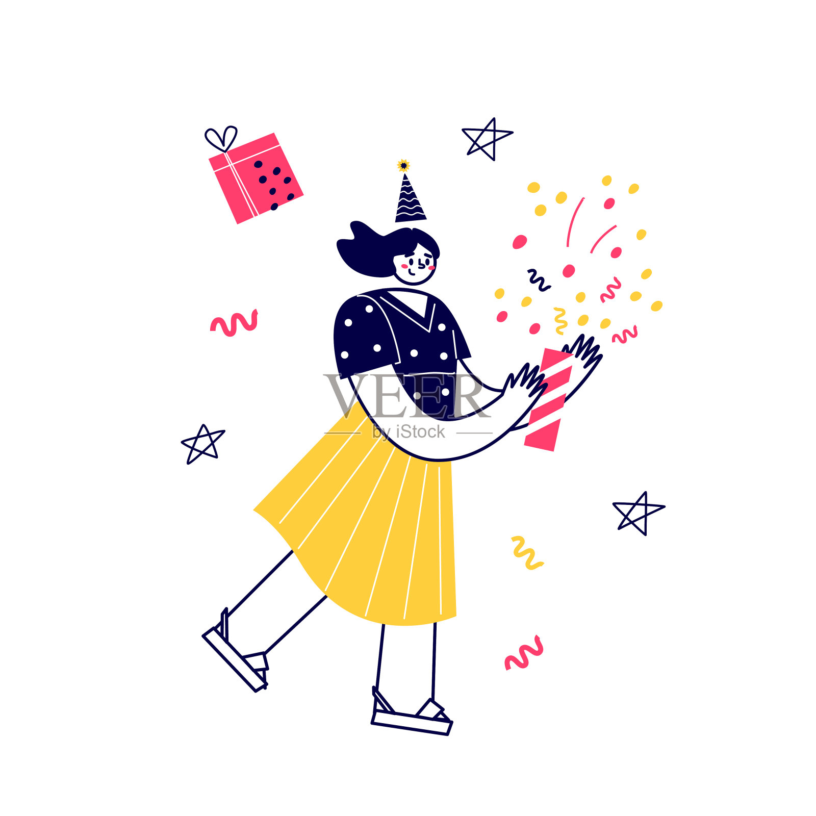 矢量搞笑角色庆祝。送礼物，享受节日，吃蛋糕。一个生日聚会。平面向量插图。插画图片素材