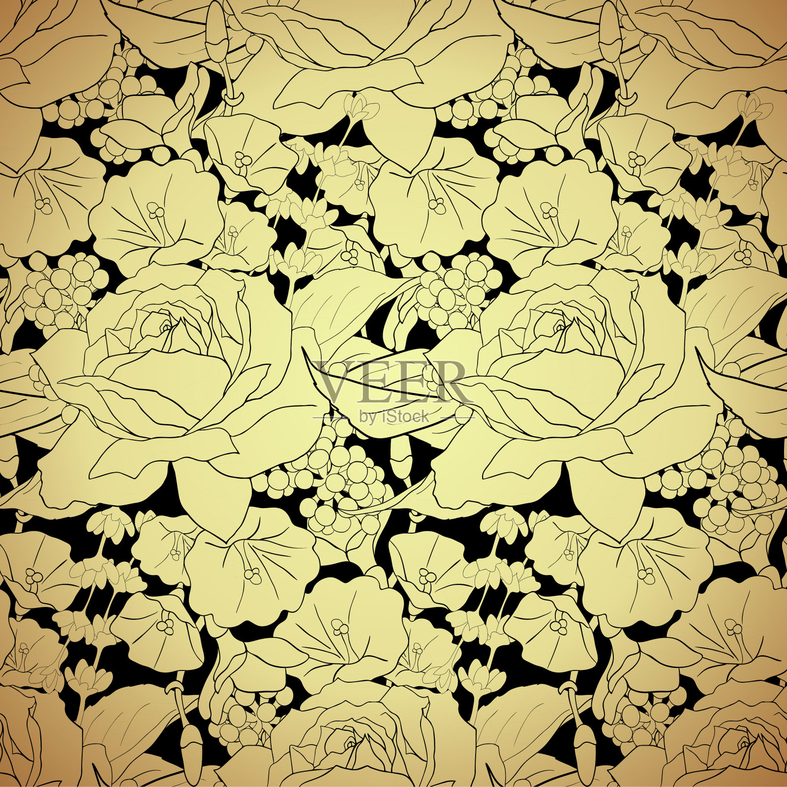 黑色背景上的金色花朵。优雅无缝图案与玫瑰。带有花卉图案的抽象图案插画图片素材