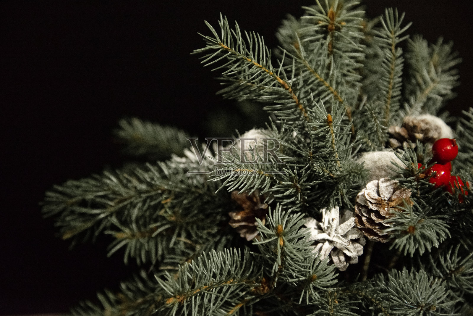 圣诞组成的冷杉树枝和球果在黑色的背景照片摄影图片