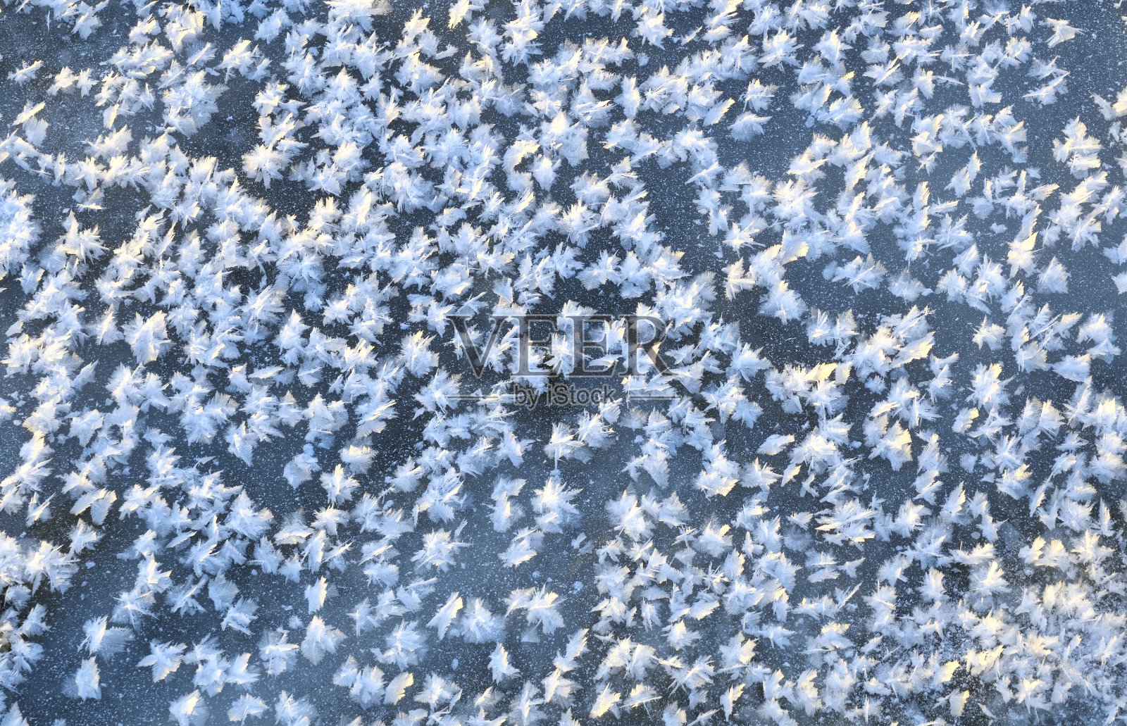 大朵的雪花落在河上蓝色的冰上照片摄影图片