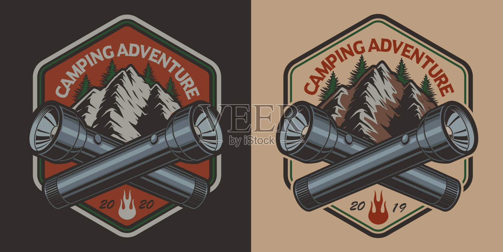 矢量徽章与山，手电筒在露营主题复古风格。插画图片素材