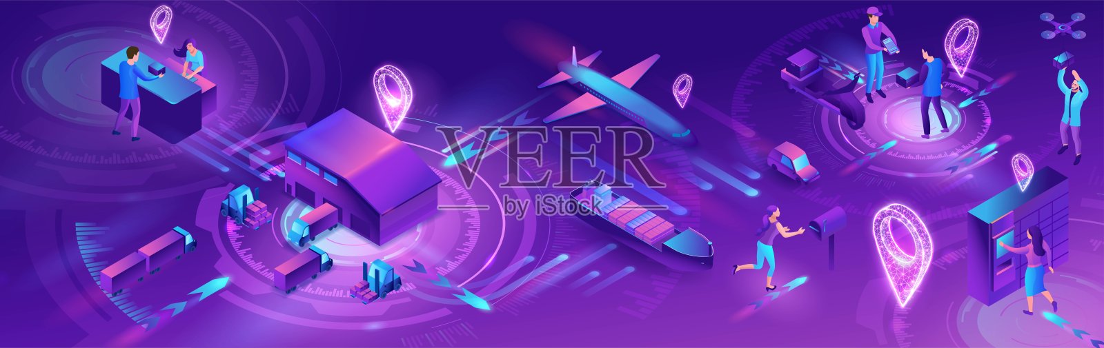 等距送货服务，卡车，横旗，智能物流公司插图，人工智能管理运输系统，机器人看屏幕，地图，飞机，汽车设计模板素材