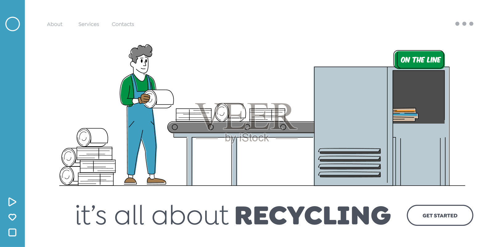 垃圾制造登陆页模板。工人角色在工厂输送带与旧纸箱垃圾变成干净的床单。废纸回收过程。线性人物矢量图插画图片素材