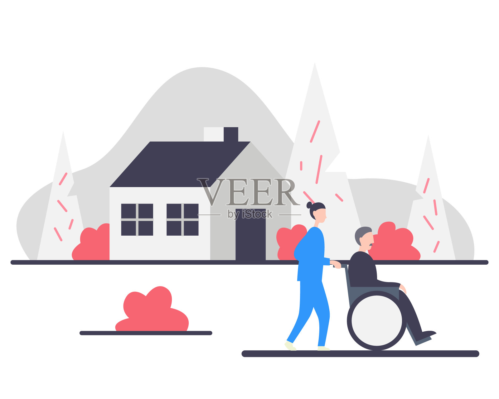 坐轮椅的老人和护士在房子附近的公园里。辅助生活概念矢量插图。女护士为需要协助的老年人提供日常生活方面的支持插画图片素材