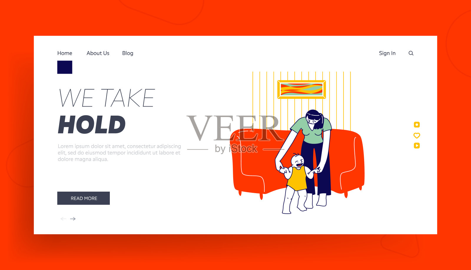 婴儿制作第一步登陆页面模板。妈妈牵着孩子的手教他们走路。父母和孩子在家里练习走路，快乐的家庭活动。线性人物矢量图插画图片素材