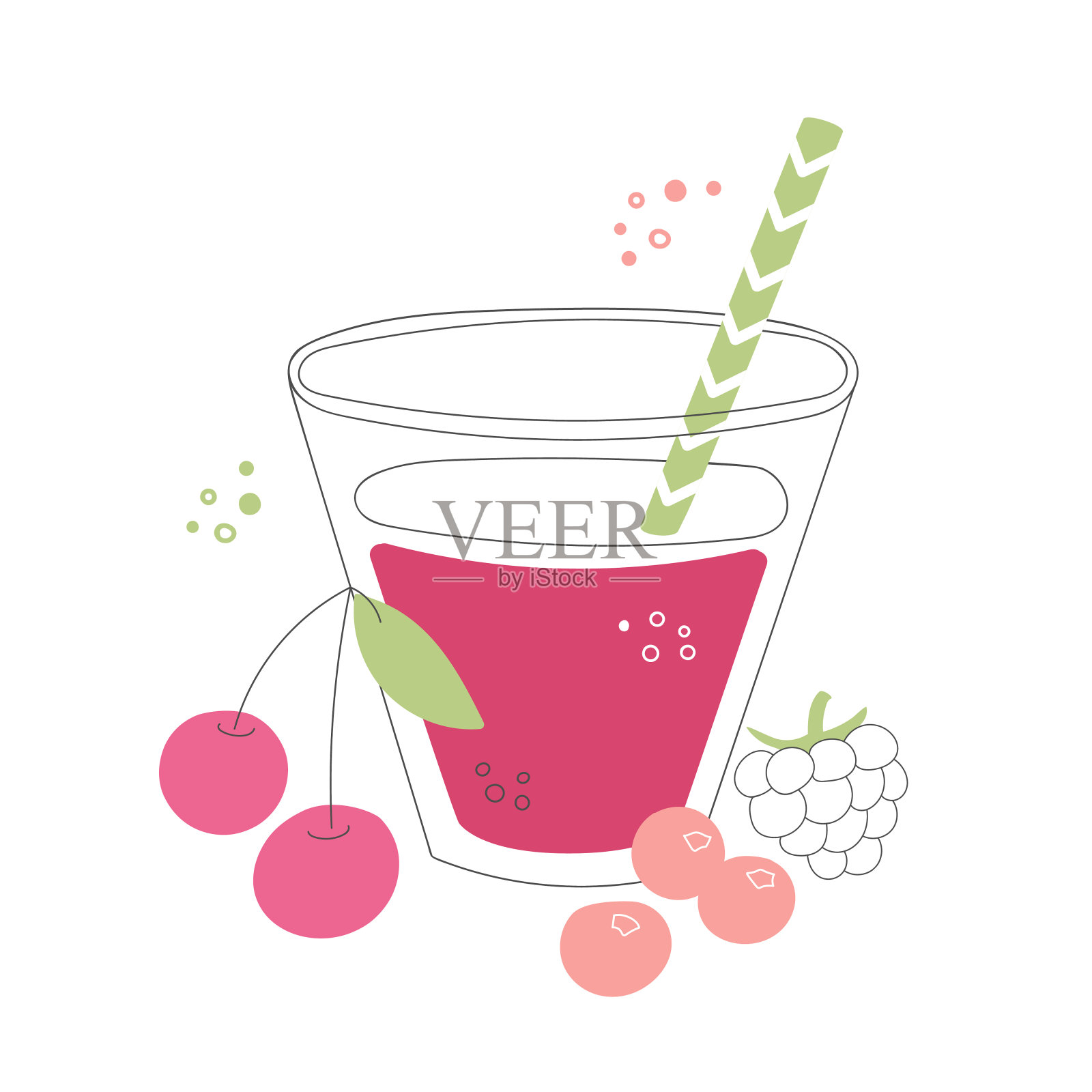 新鲜的浆果冰沙在一个玻璃杯和吸管。樱桃，蔓越莓和覆盆子饮料。插画图片素材