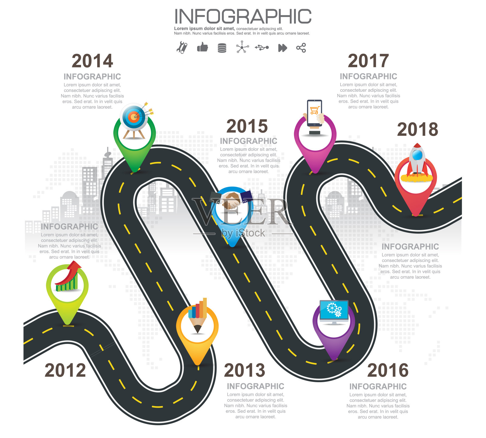 时间线信息图设计模板与7个选项，流程图。设计模板素材