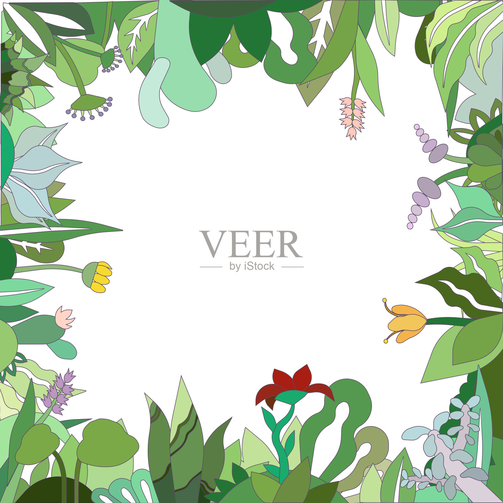 不同的花和草本植物的方形框架在白色孤立的背景上，矢量插图与平面设计的copyspace，版画，使用作为网站的背景，夏天的概念，自然。插画图片素材