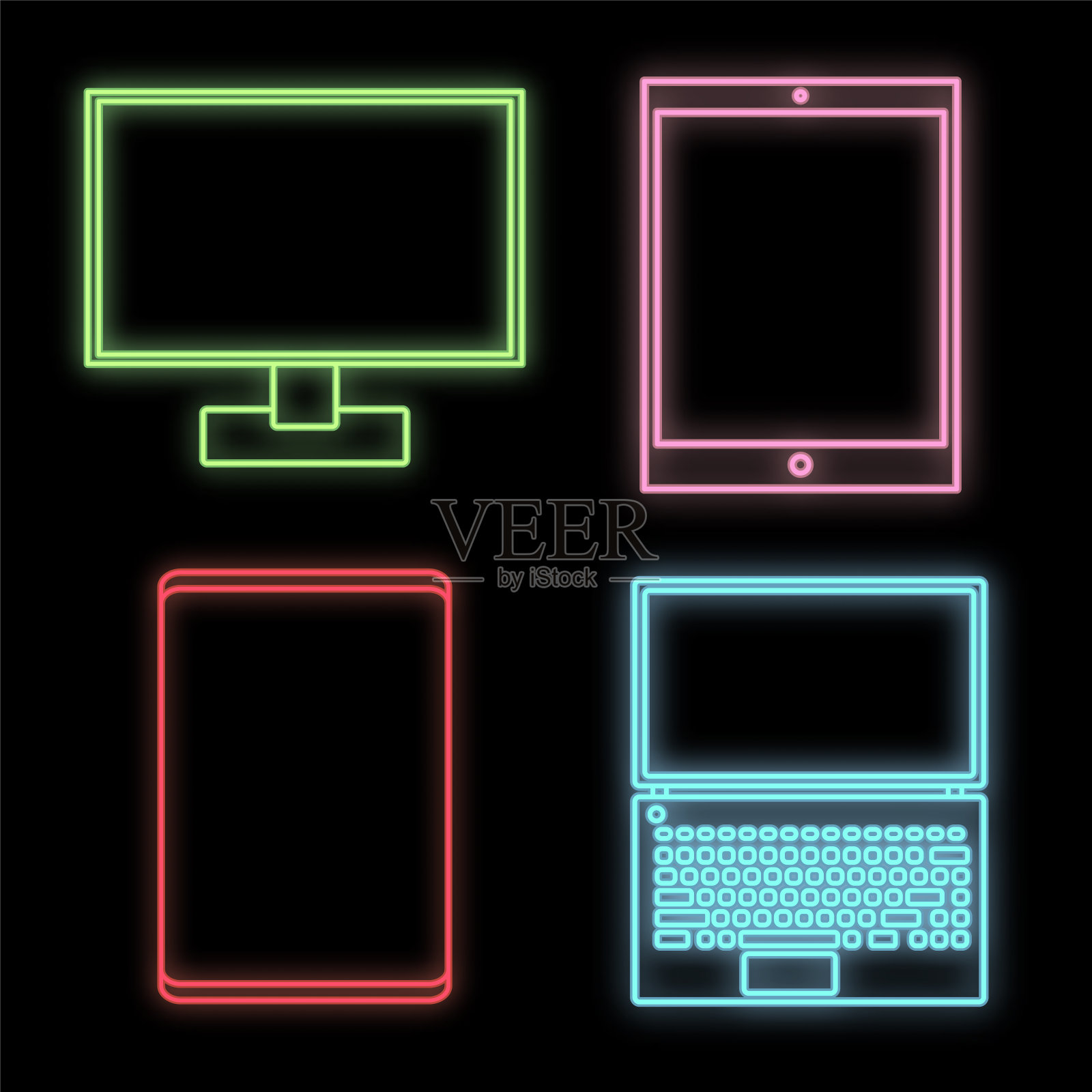 一套明亮的多色霓虹招牌为商店和车间服务中心，美丽闪亮的现代电子和电器在黑色的背景。矢量图插画图片素材