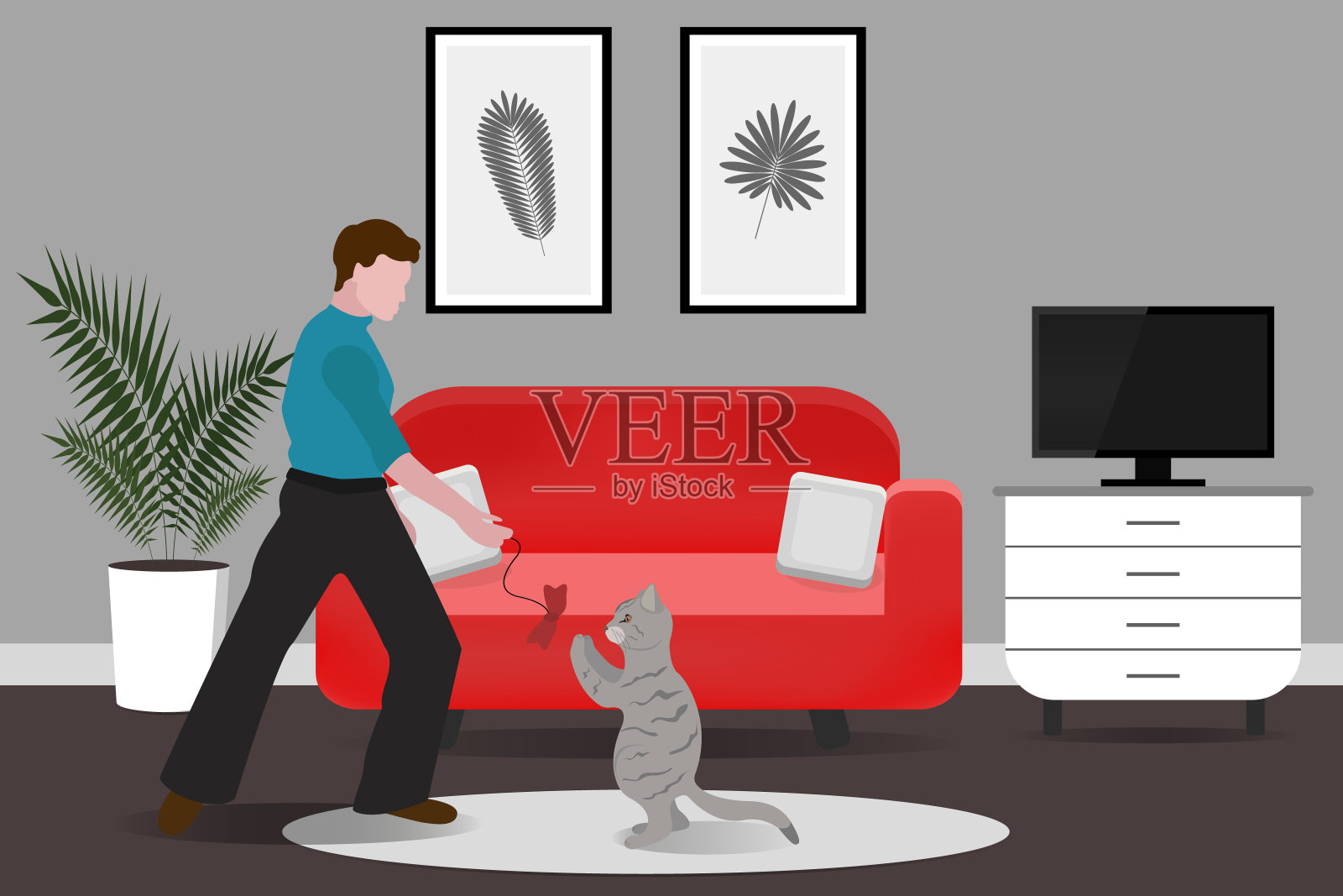 男人在客厅里和猫玩耍，居家休息插画图片素材