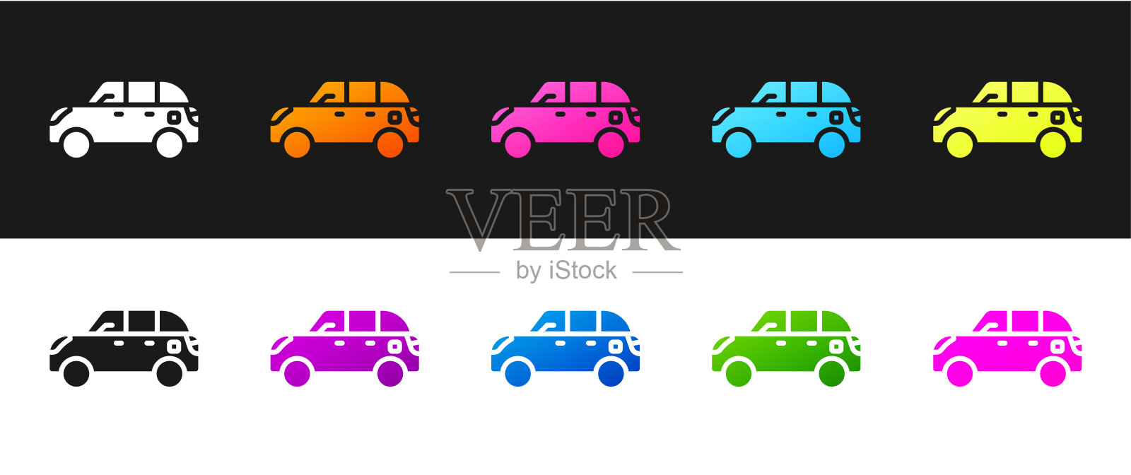 设置掀背车图标隔离在黑色和白色背景。向量插画图片素材