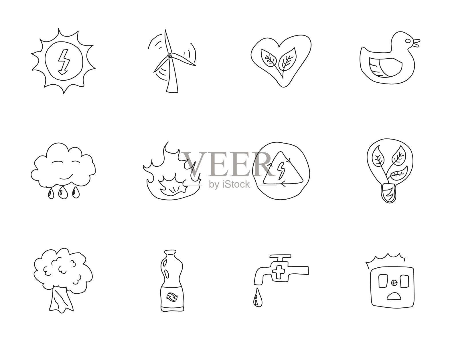 生态卡通涂鸦图标孤立的白色背景。生态涂鸦适用于网页和UI设计、移动应用程序和打印图标素材