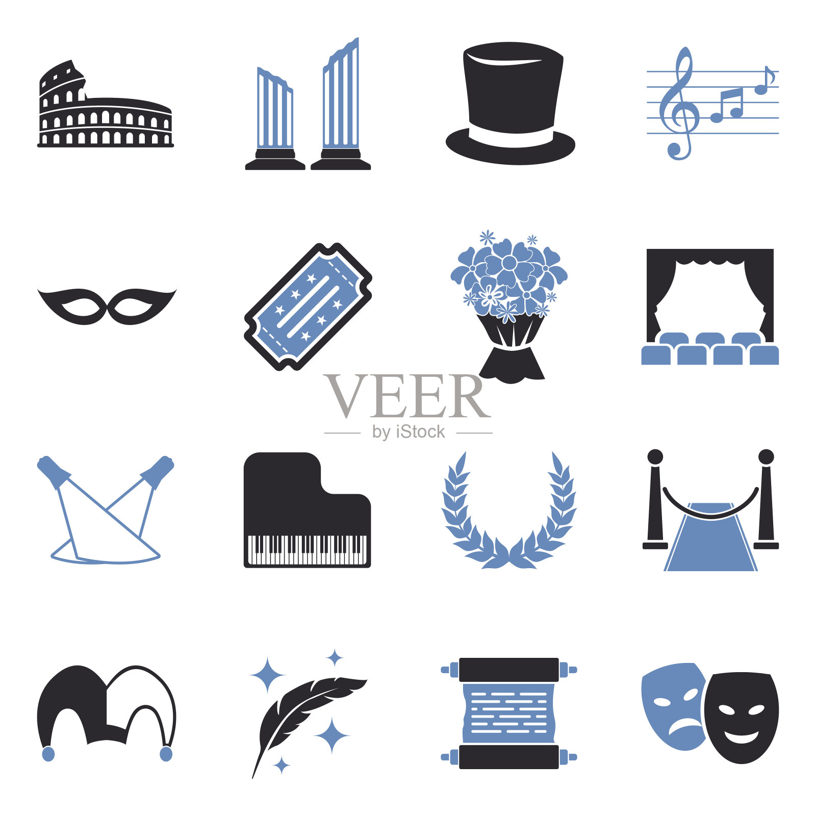 剧院图标。双色调平面设计。矢量插图。插画图片素材