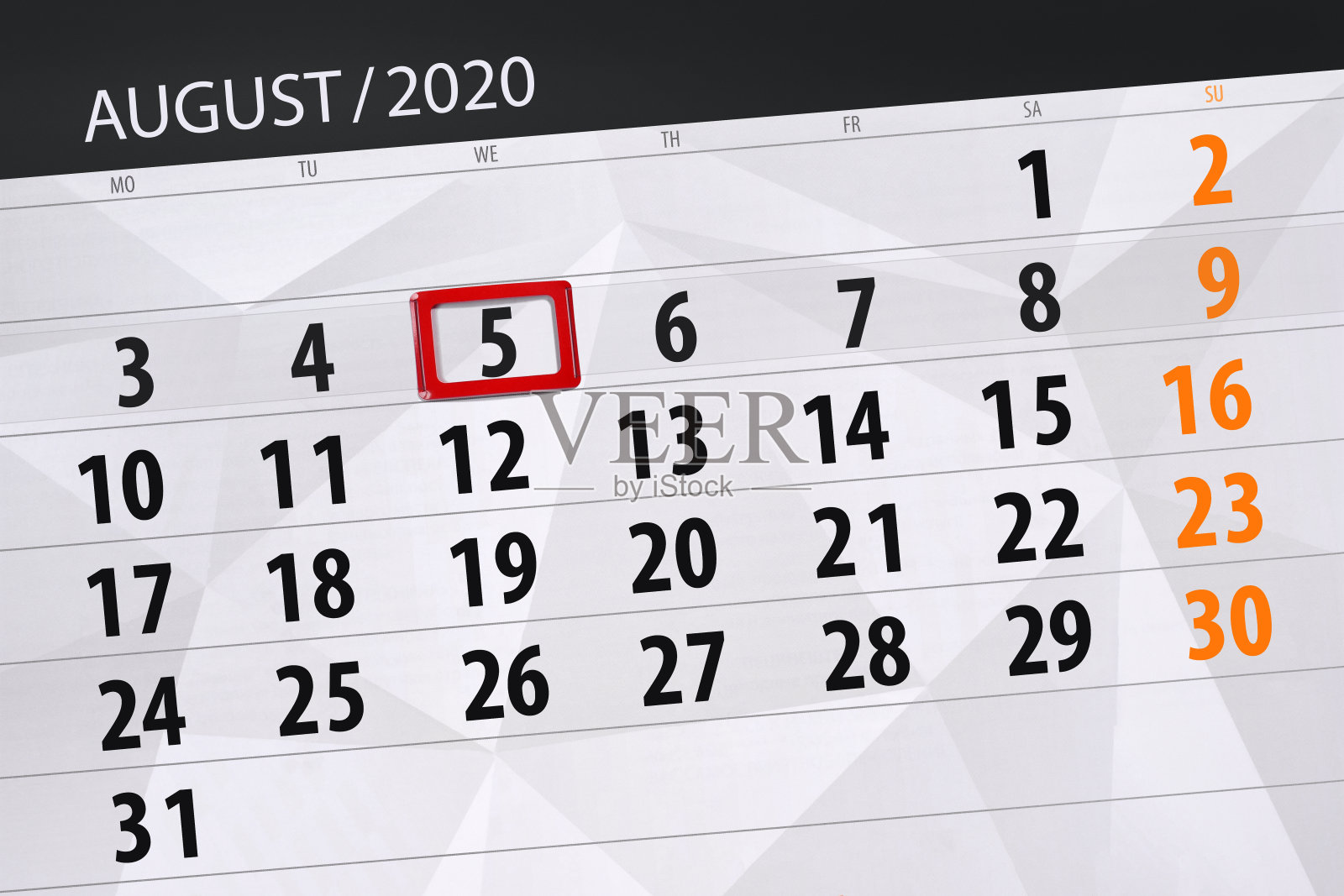 2020年8月的日历计划，截止日期，5日，周三设计模板素材