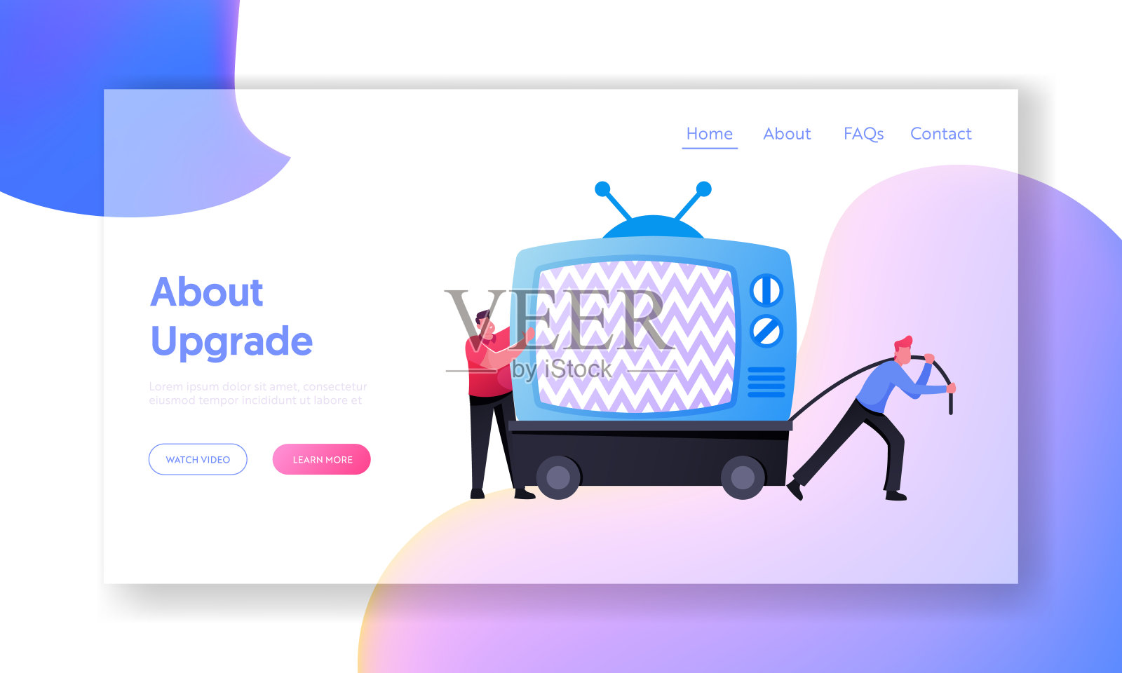 电视垃圾，垃圾，电子垃圾着陆页模板。小男性角色将旧电视搬到垃圾场。回收损坏的电子产品以进行处理或升级。卡通人物矢量插图插画图片素材