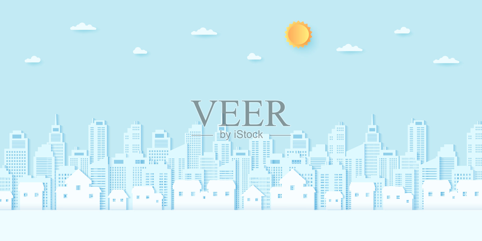 城市景观、住宅、住宅、建筑蓝天和阳光，纸艺术风格插画图片素材