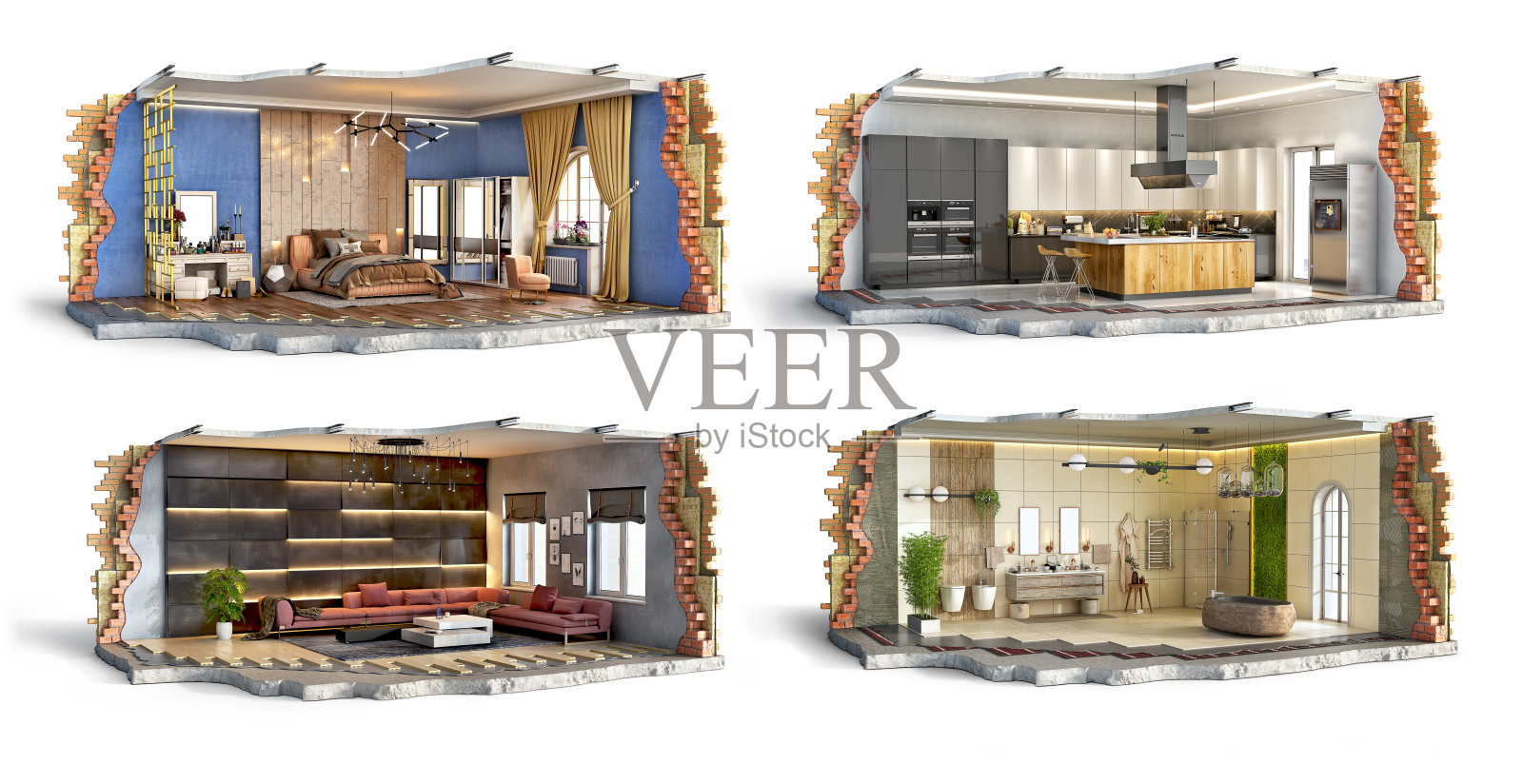 一套卧室，厨房，浴室和客厅内饰，3d插图照片摄影图片