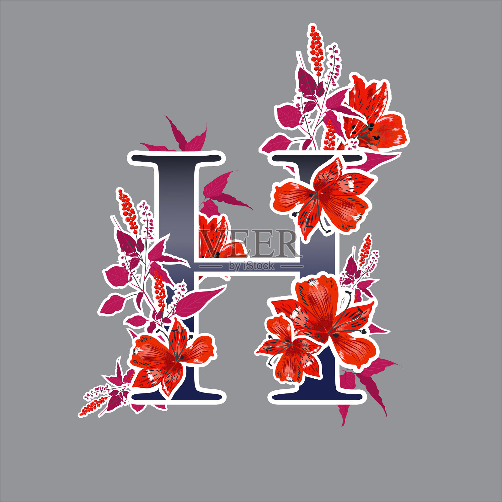 现代字母大H字体由盛开的红色花卉，向量EPS10花卉和植物设计的时尚，织物，t恤，邀请，装饰，和所有图形类型插画图片素材