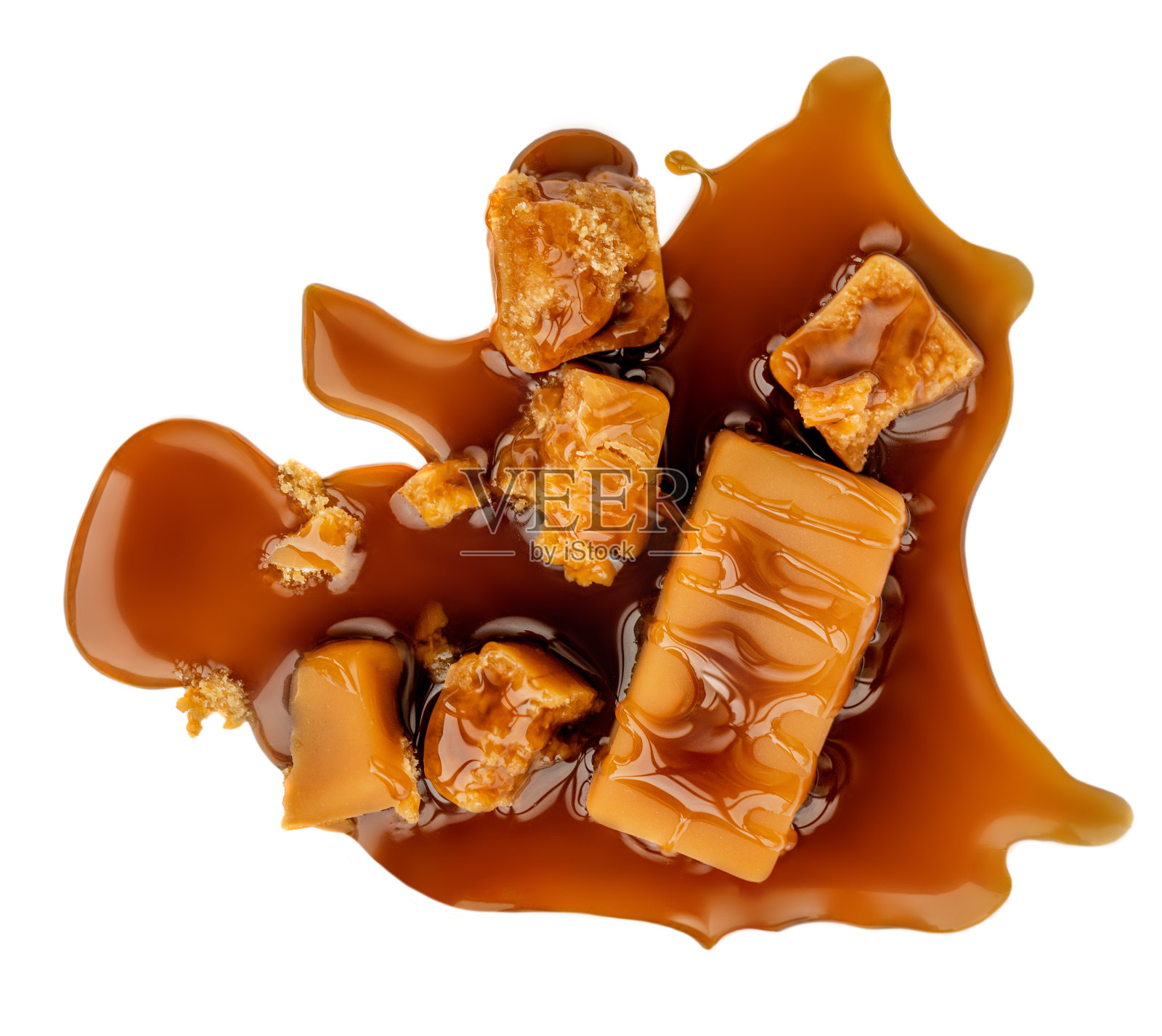 焦糖太妃糖俯视图。焦糖糖孤立在白色背景。俯视图照片摄影图片