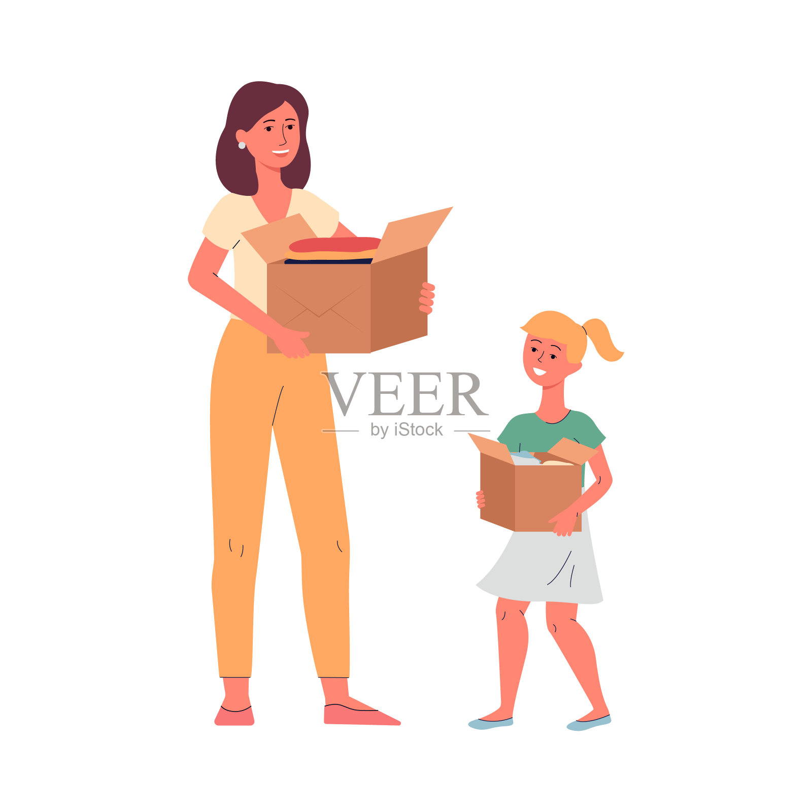 母亲和女儿抱着捐赠箱平面矢量插图隔离。插画图片素材