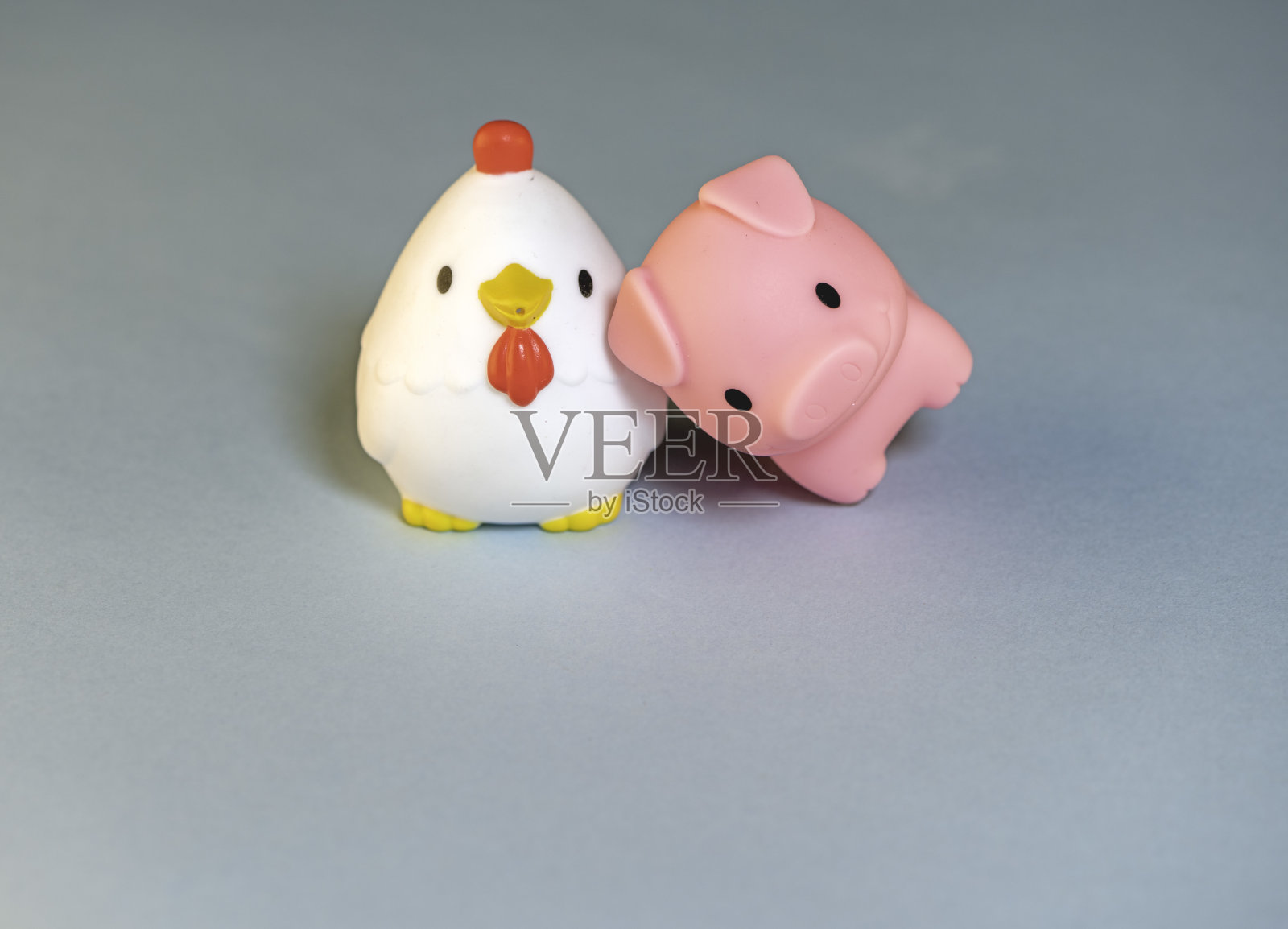 玩具猪靠在小鸡朋友身上，蓝色背景照片摄影图片