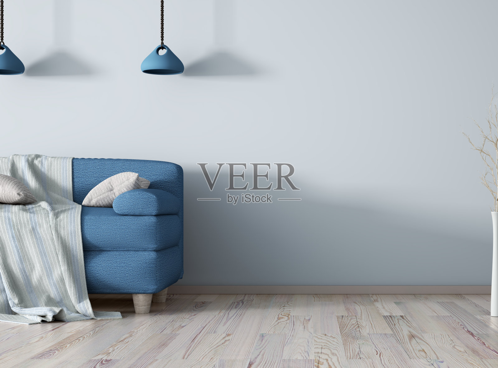 蓝色沙发，现代客厅室内设计，3d效果图照片摄影图片