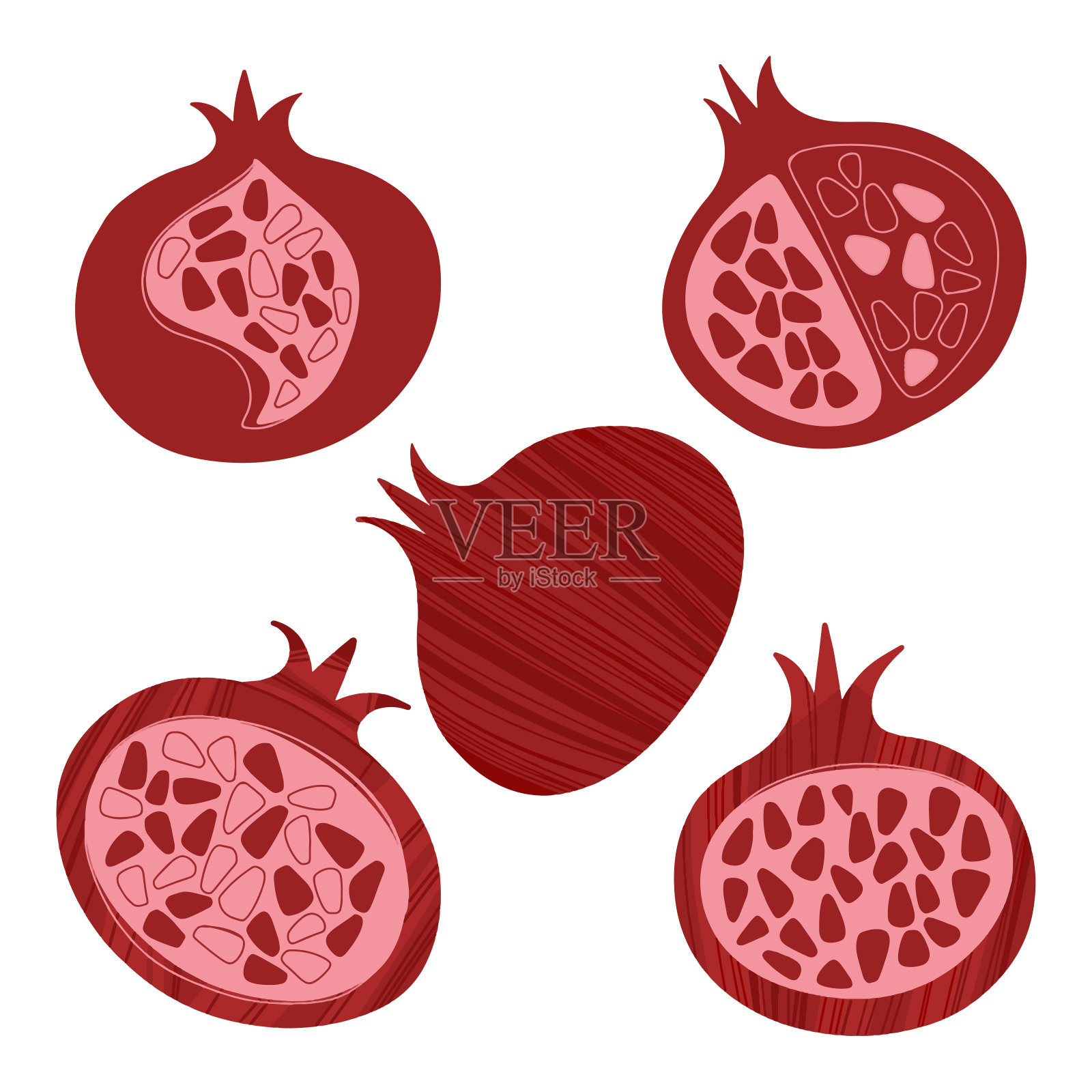 石榴。手绘矢量插图上的白色背景。五个不同的变体。装饰。插画图片素材