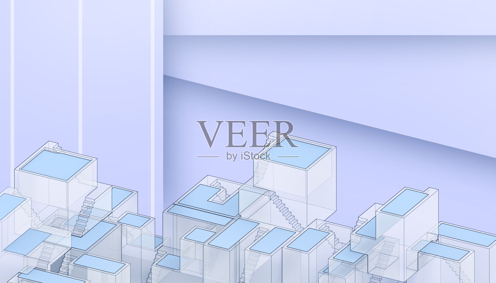 抽象建筑几何盒子，蓝色背景上的随机正方形和最小的概念- 3d渲染照片摄影图片