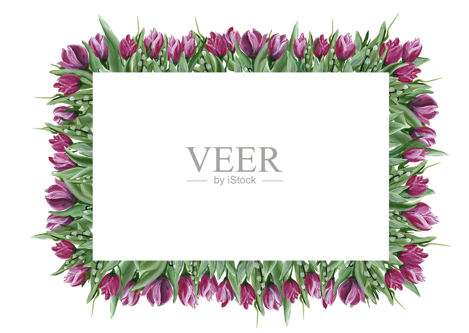 框架与明亮的粉红色郁金香和绿色的叶子。美丽的现实的鲜花。放置题词或照片。插画图片素材