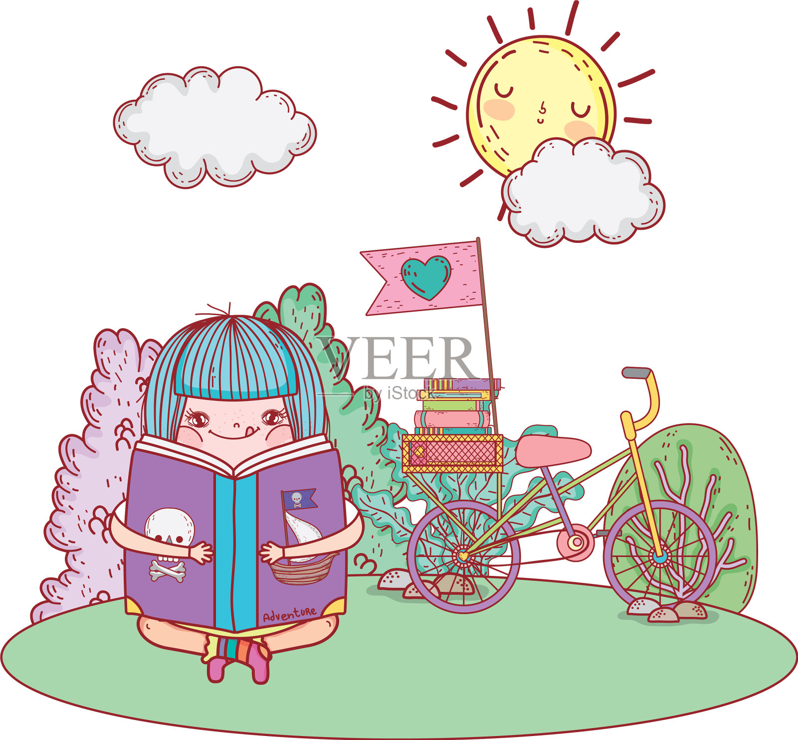 女孩看书与太阳卡哇伊和自行车在设计元素图片