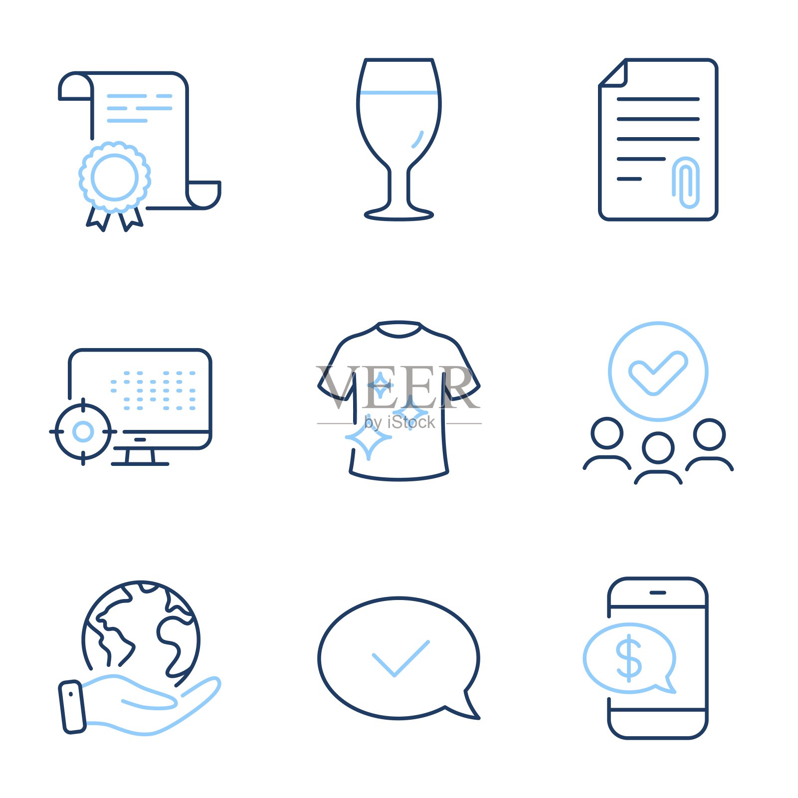 批准的信息，啤酒杯和Seo图标集。手机支付，清洁t恤和附件标志。向量图标素材