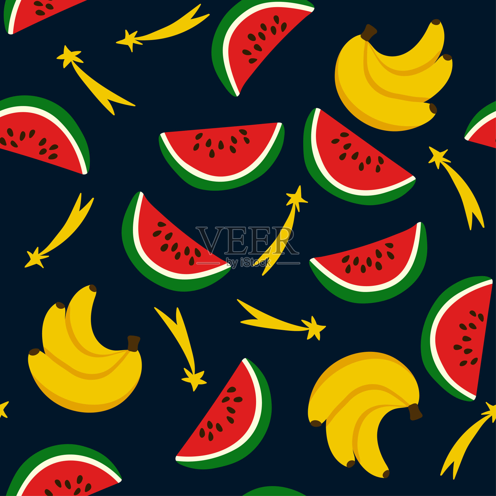 西瓜，香蕉，星星在黑暗的背景无缝图案。重复无休止的元素。多汁美味的水果为夏季打印。背景纺织品，包装，明信片等。插画图片素材