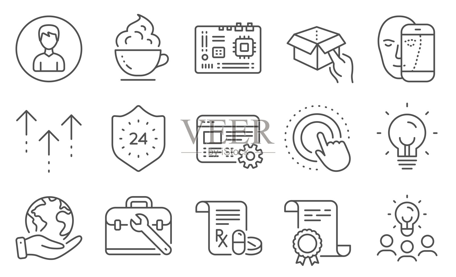 一套商业图标，如Swipe up, Face生物识别，24小时。向量图标素材