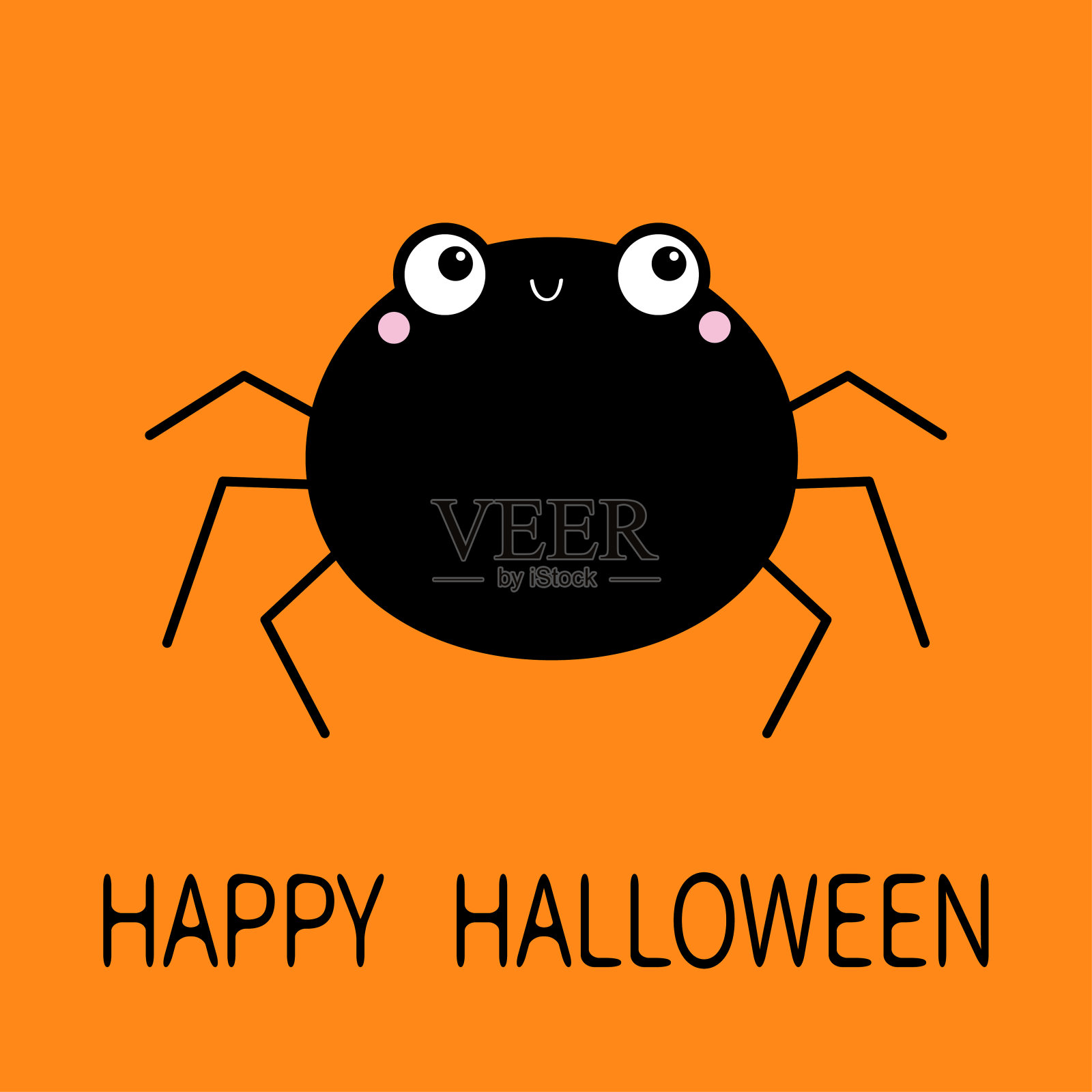 万圣节快乐。蜘蛛。黑色轮廓图标。可爱的卡通可爱的孩子婴儿动物的性格。有趣的昆虫微笑。大眼睛。平面设计。孤立。橙色背景。插画图片素材