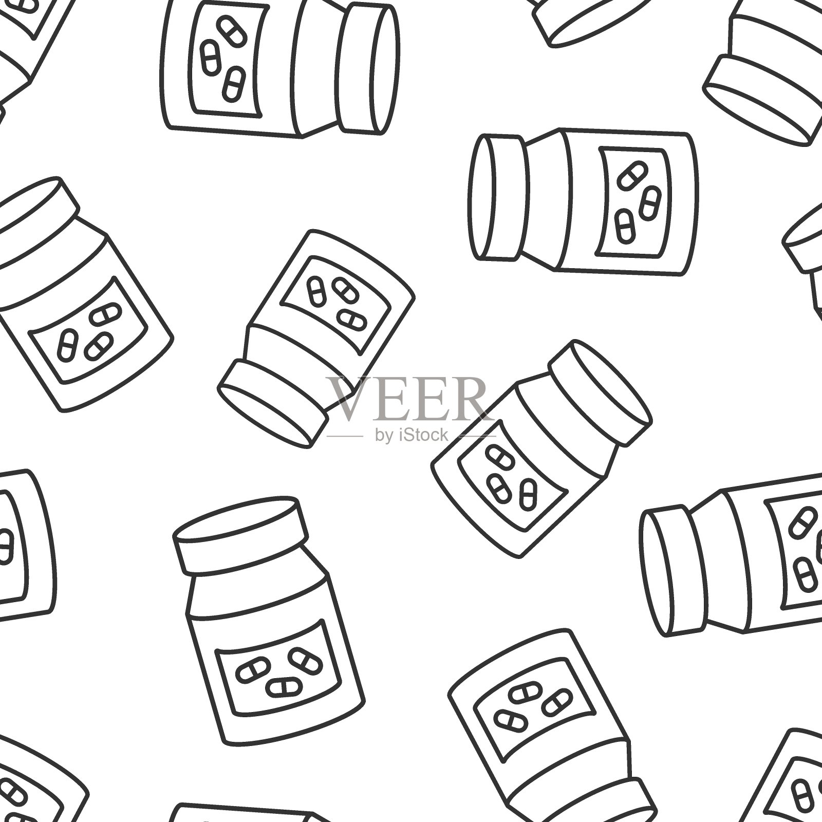 药片瓶图标在平坦的风格。药物矢量插图在白色孤立的背景。药房无缝模式经营理念。插画图片素材