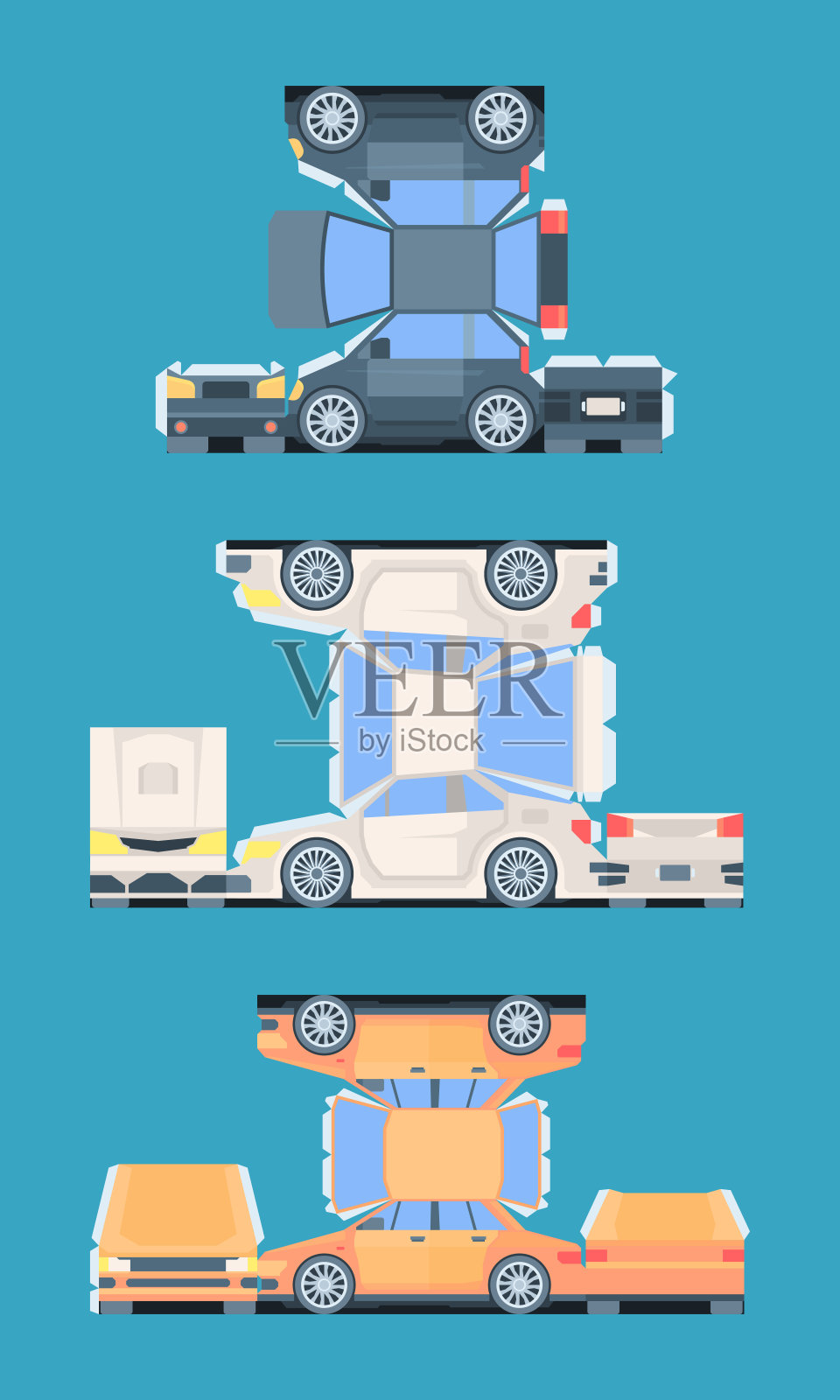 切割装配成套客车模型。纸彩车切片胶合有趣的爱好，儿童和成人创造自己独特的稀有玩具收藏。矢量动画。插画图片素材