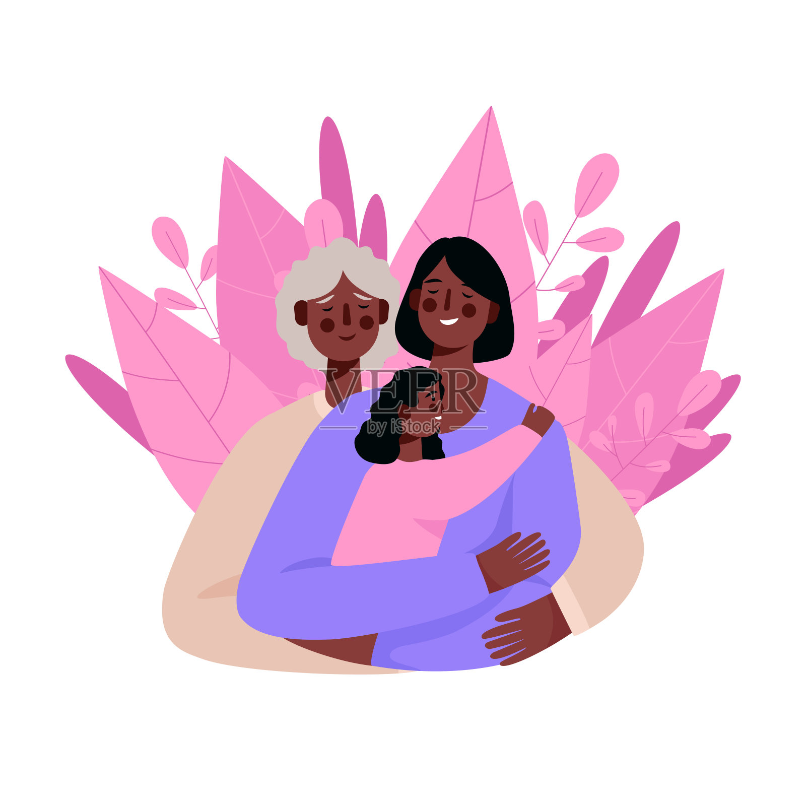 母亲,女儿和孙女。年长的母亲用爱拥抱她的成年女儿。母亲抱着女儿。微笑着三代女人。母亲节贺卡快乐。矢量图设计元素图片