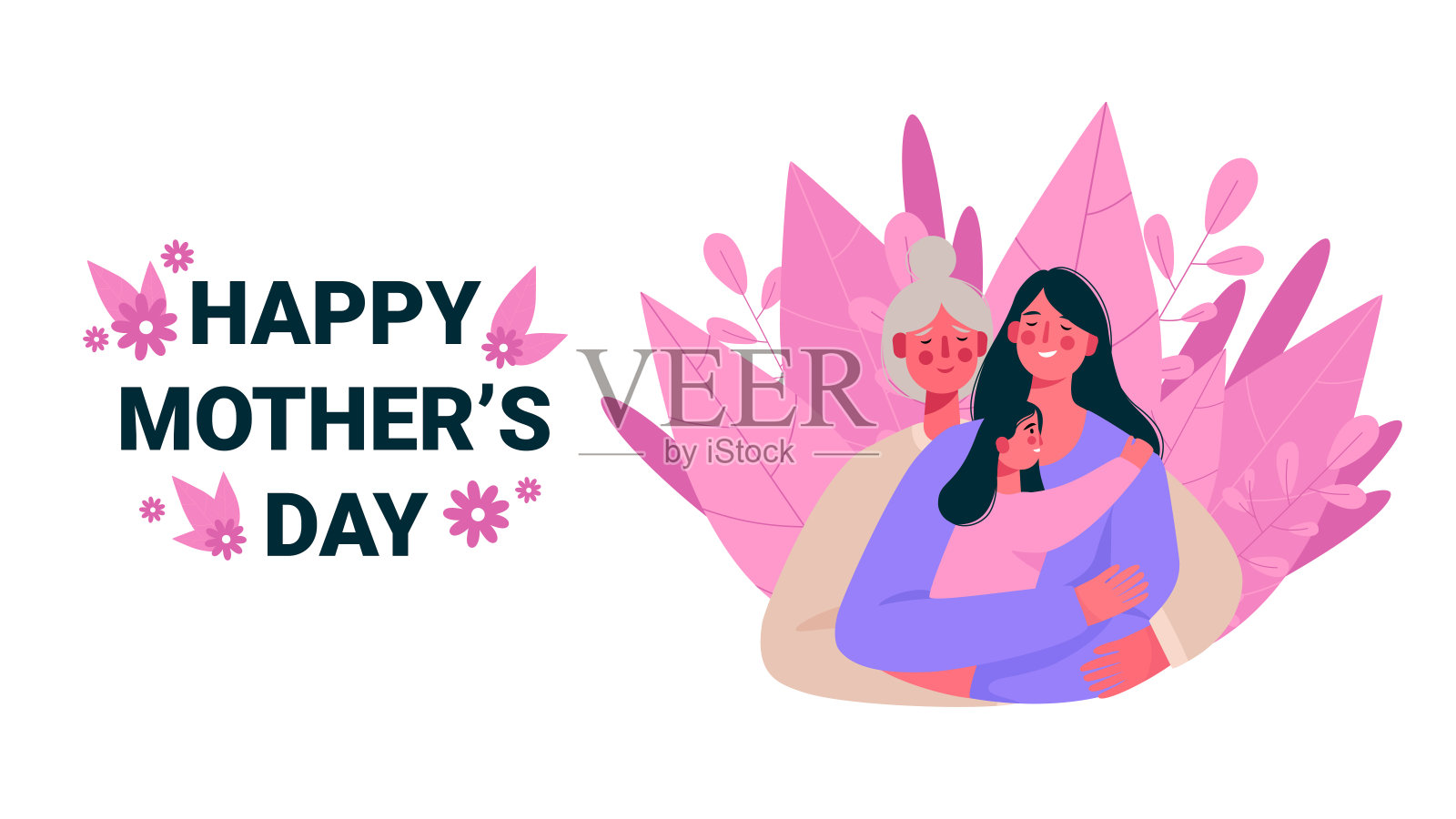 母亲,女儿和孙女。年长的母亲用爱拥抱她的成年女儿。母亲抱着女儿。微笑着三代女人。母亲节贺卡快乐。矢量图插画图片素材