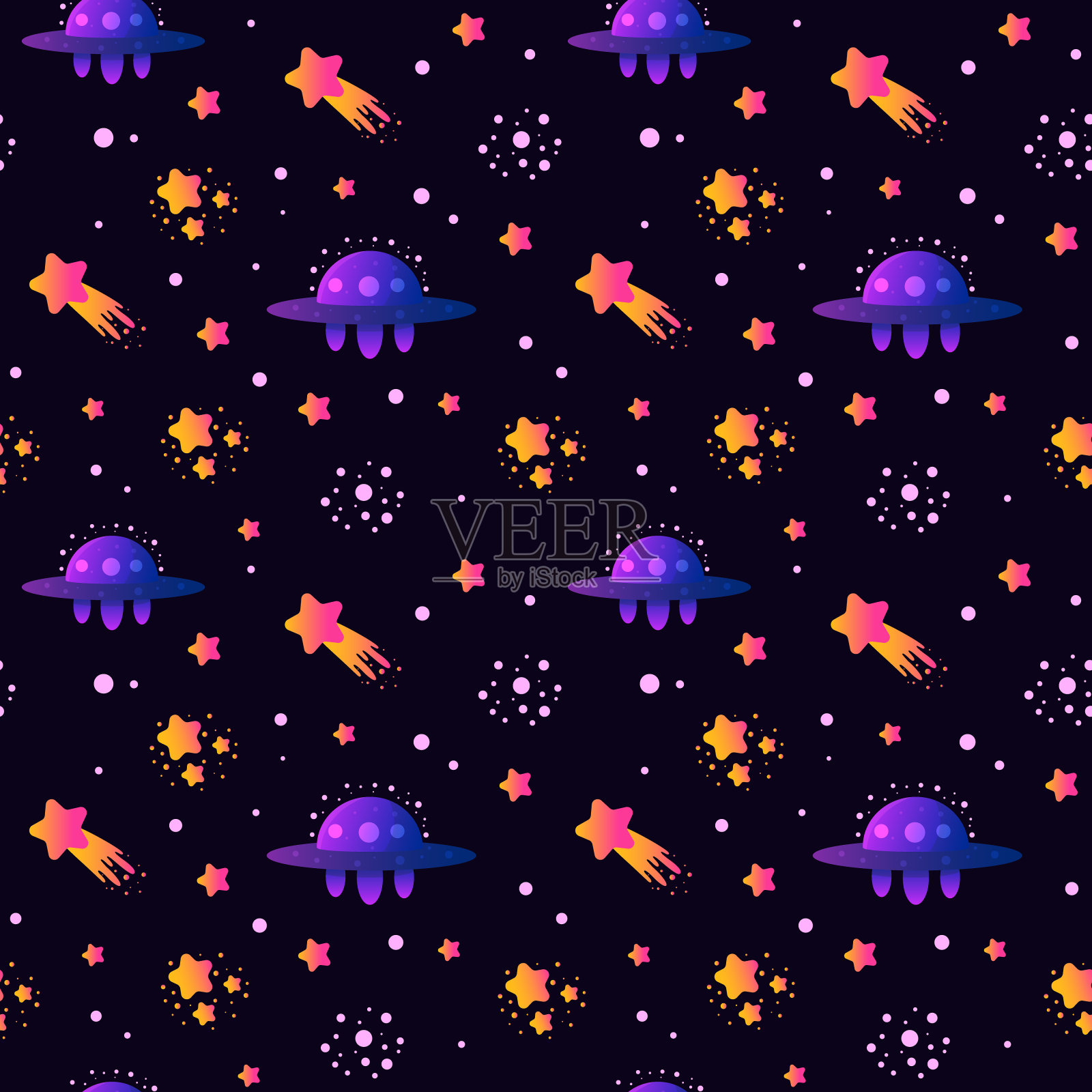 矢量彩色无缝图案与卡通火箭，行星，恒星，飞船，彗星和ufo。适合儿童设计，织物，包装，墙纸，纺织品，服装。插画图片素材