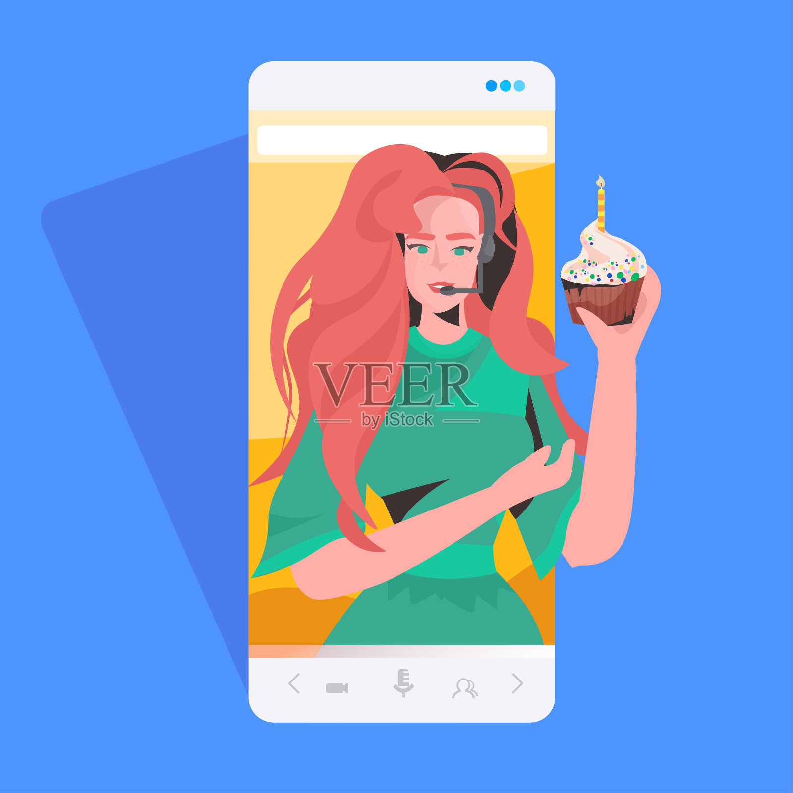 戴耳机的女人拿着蛋糕和蜡烛庆祝网上生日派对插画图片素材