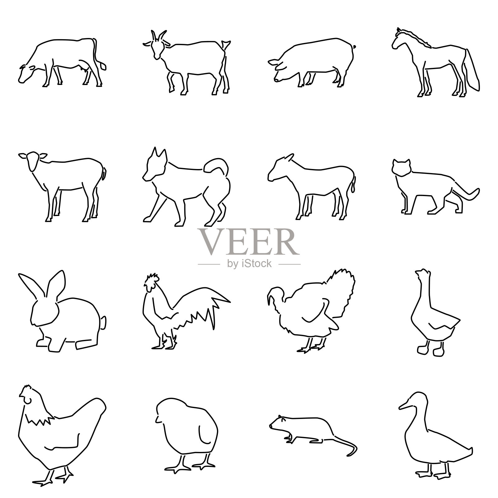 农场动物和鸟类大图标设置。图标素材