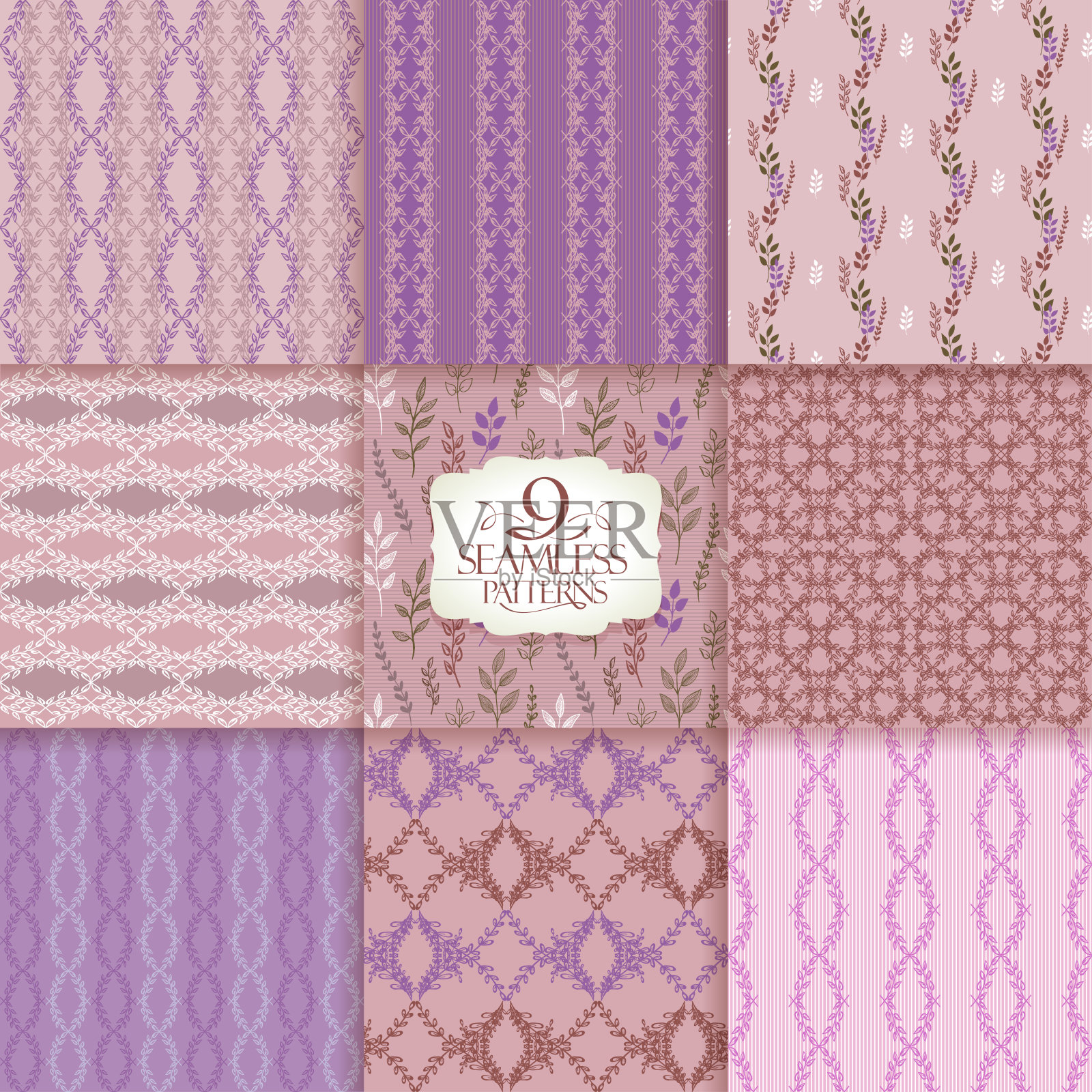 华丽的图案设置，无缝的自然背景与树叶插画图片素材