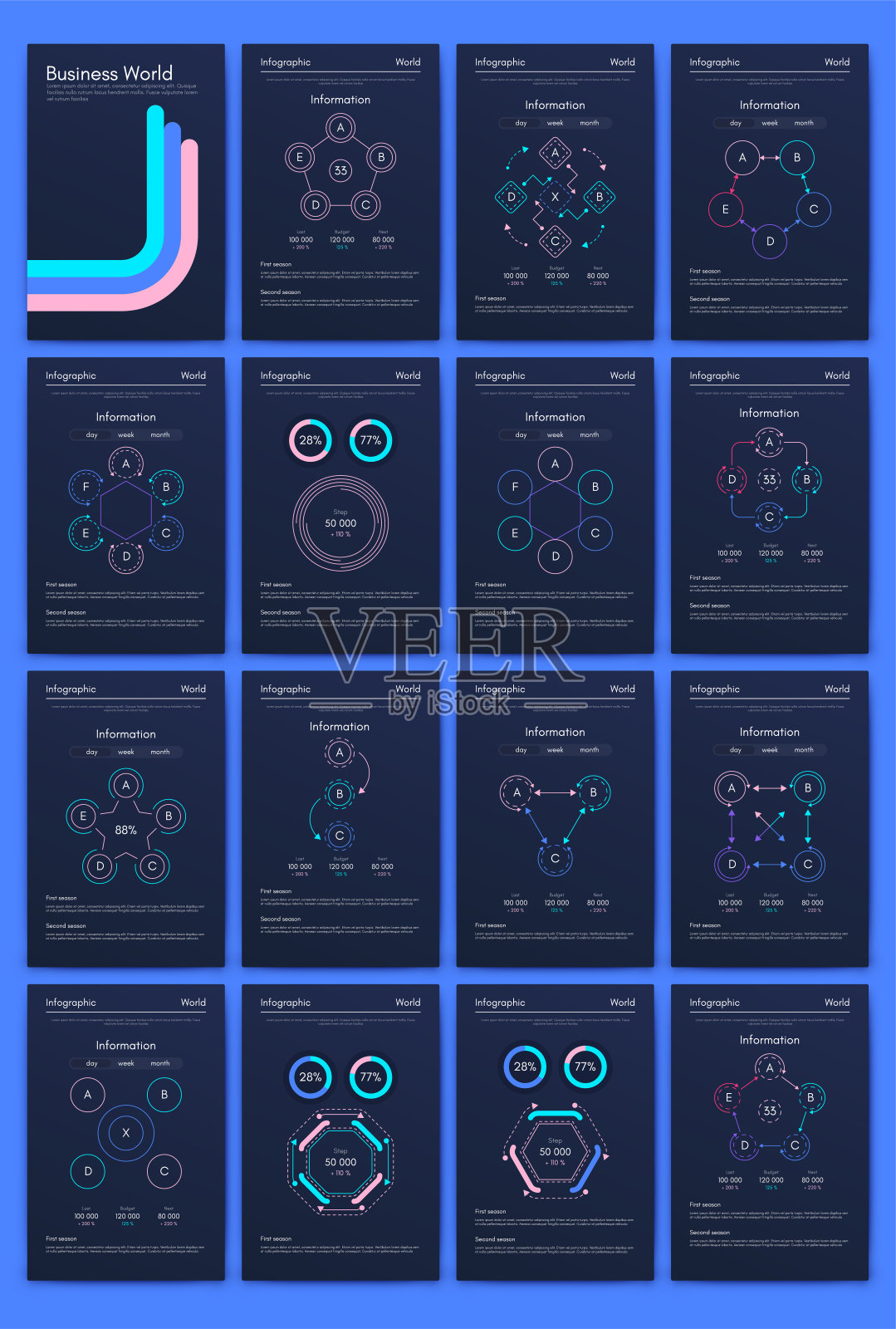 商业手册的现代信息图表向量元素。用于网站，公司宣传册，广告和市场营销。饼图，折线图，条形图和时间线。插画图片素材