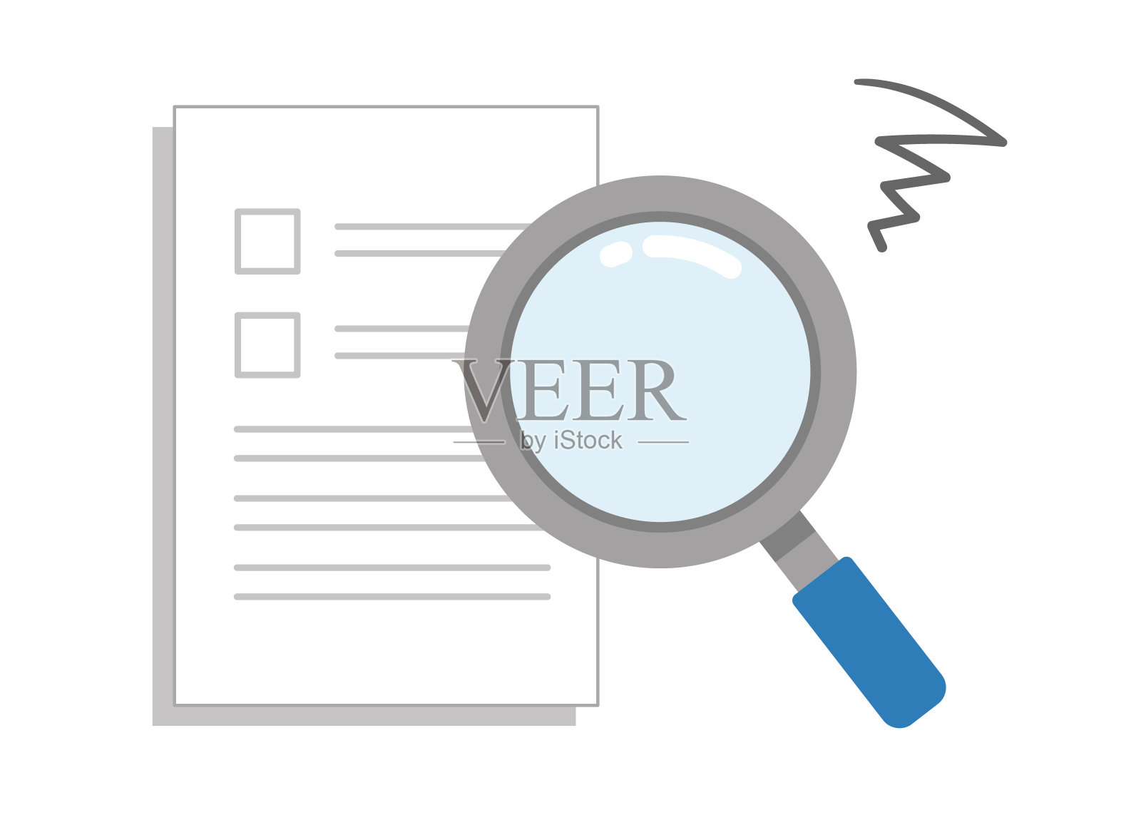 我正在审阅文件。(疑问，忧虑，困难和不成功的图像)放大镜和文件。插画图片素材