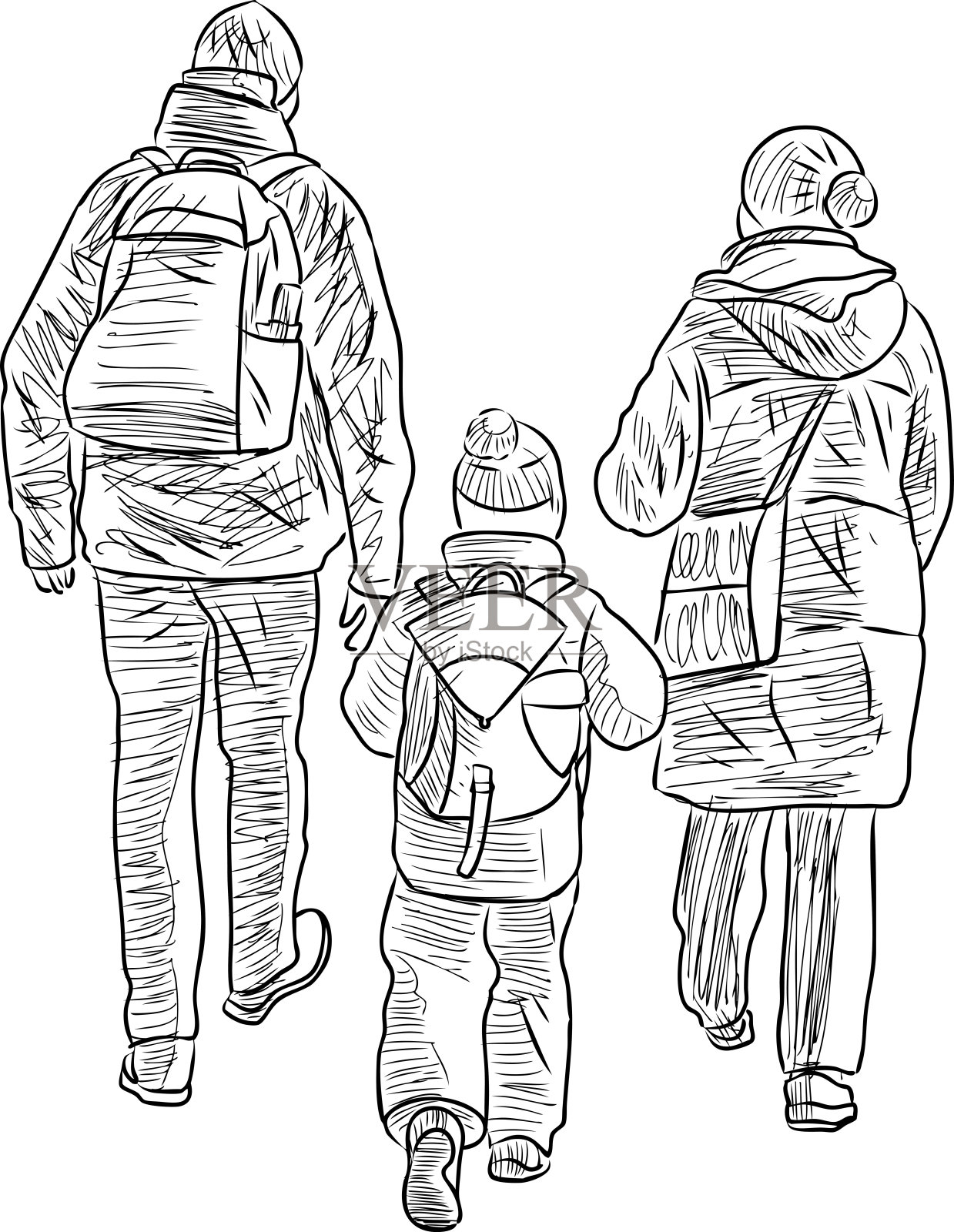 在户外行走的家庭普通市民的矢量草图插画图片素材