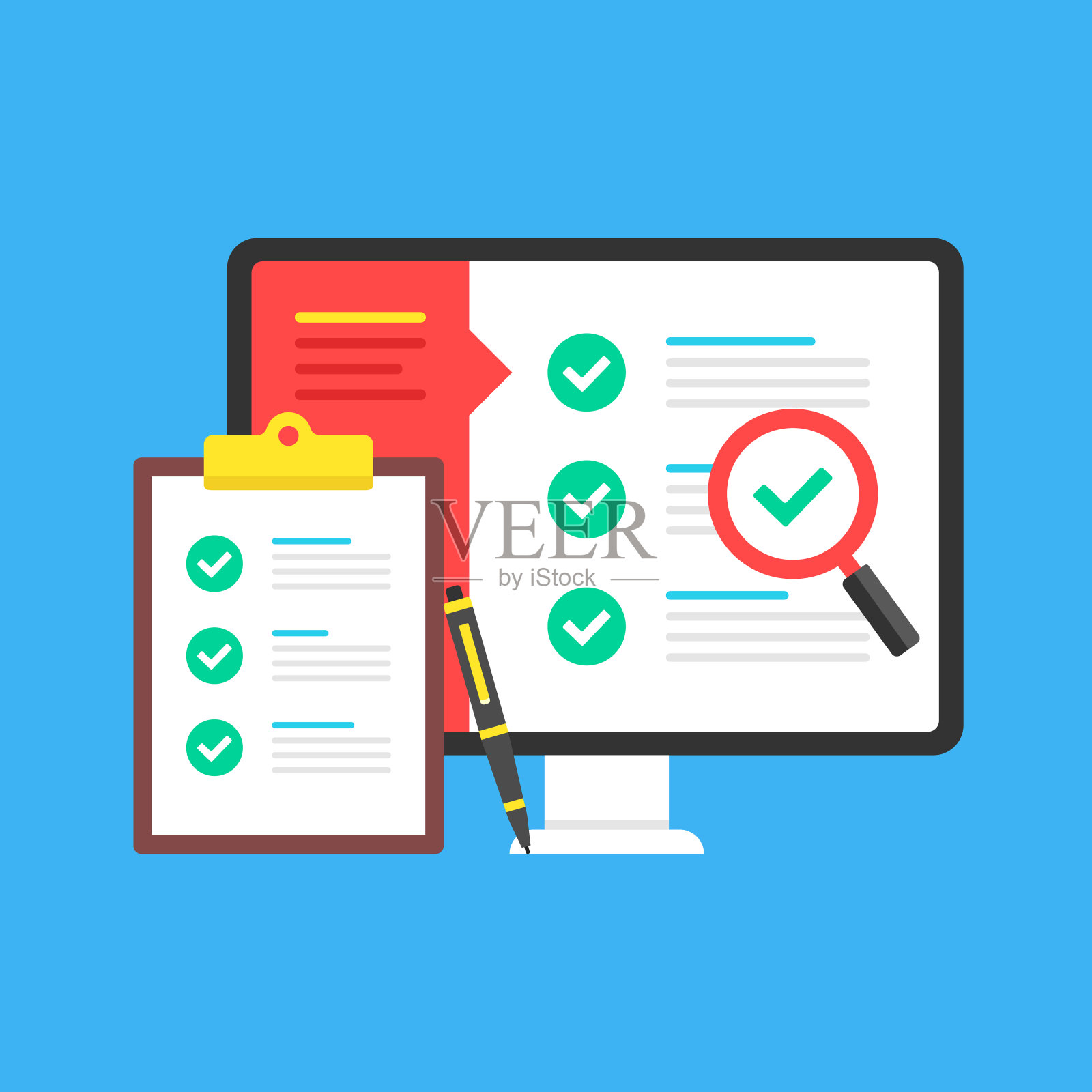 清单。屏幕上有检查表的计算机和带有检查表和绿色勾号的检查框的剪贴板。在线调查，考试，审计，测试，测验，报告，完成任务，投票概念。现代平面设计。矢量图插画图片素材