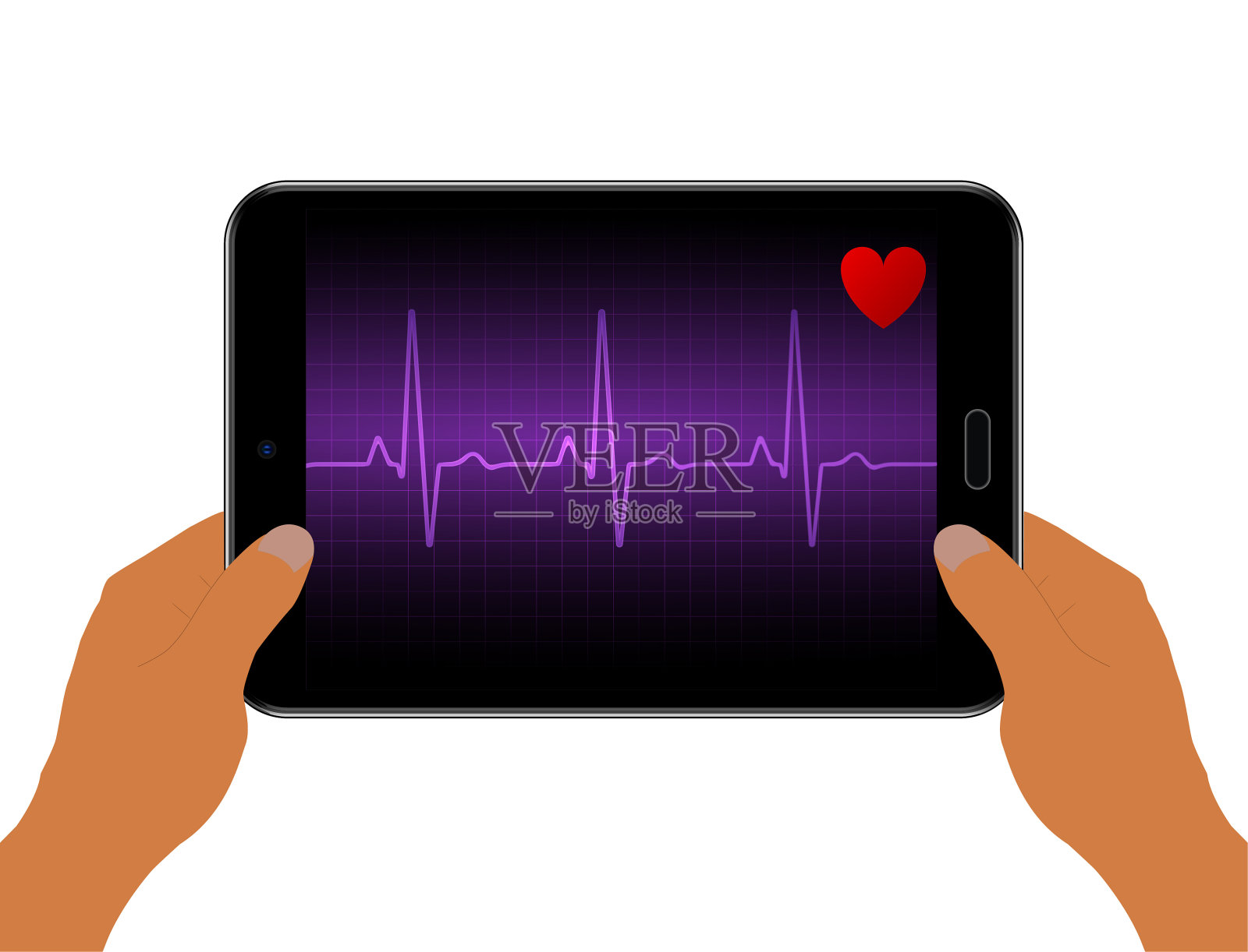 真实的心率图表在屏幕上的黑色平板电脑。手中持有的平板电脑。心脏的跳动。心电图图标波。紫色的颜色。股票矢量插图。插画图片素材
