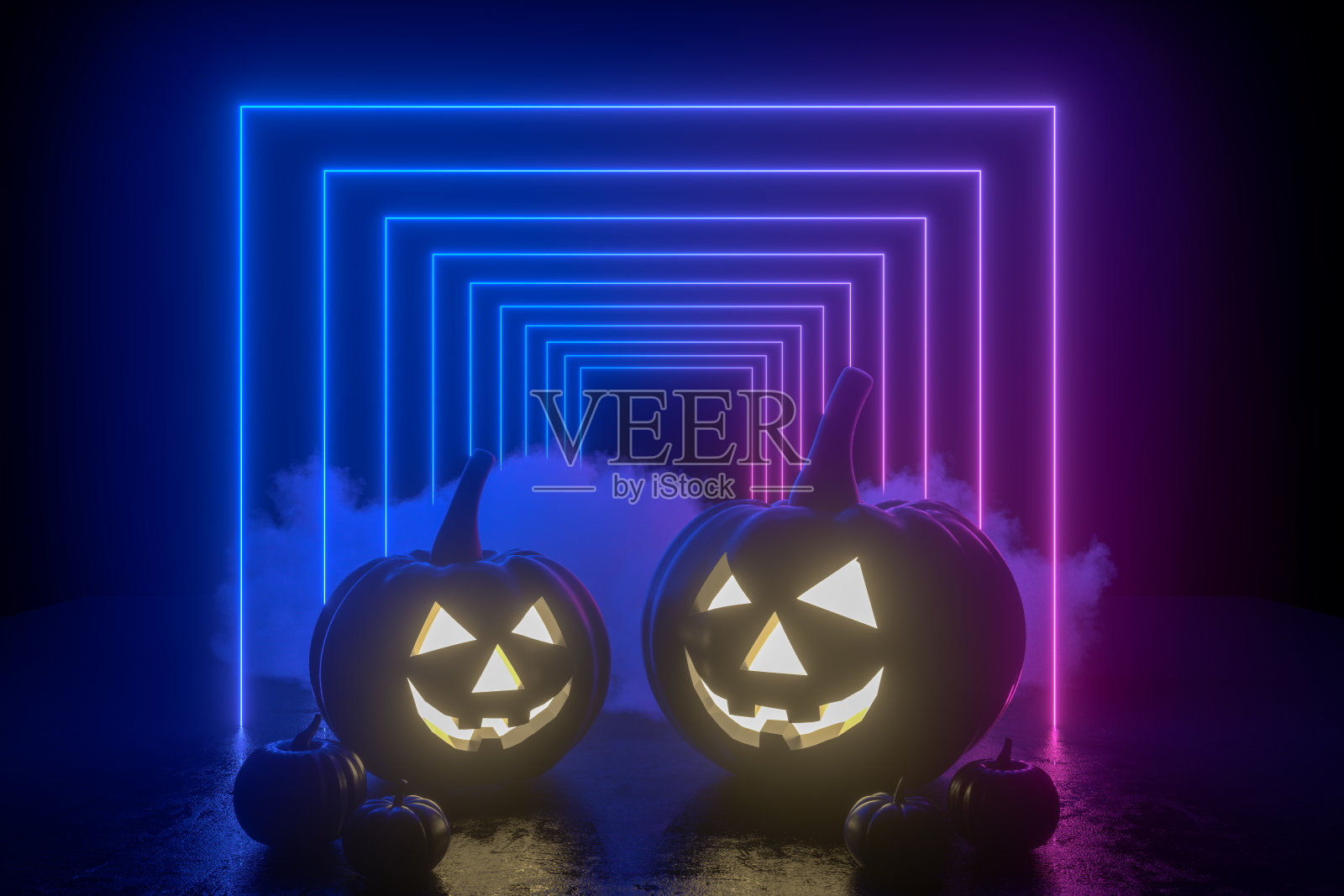 3D南瓜万圣节与幽灵的脸，杰克O'灯笼，烟和霓虹灯照片摄影图片