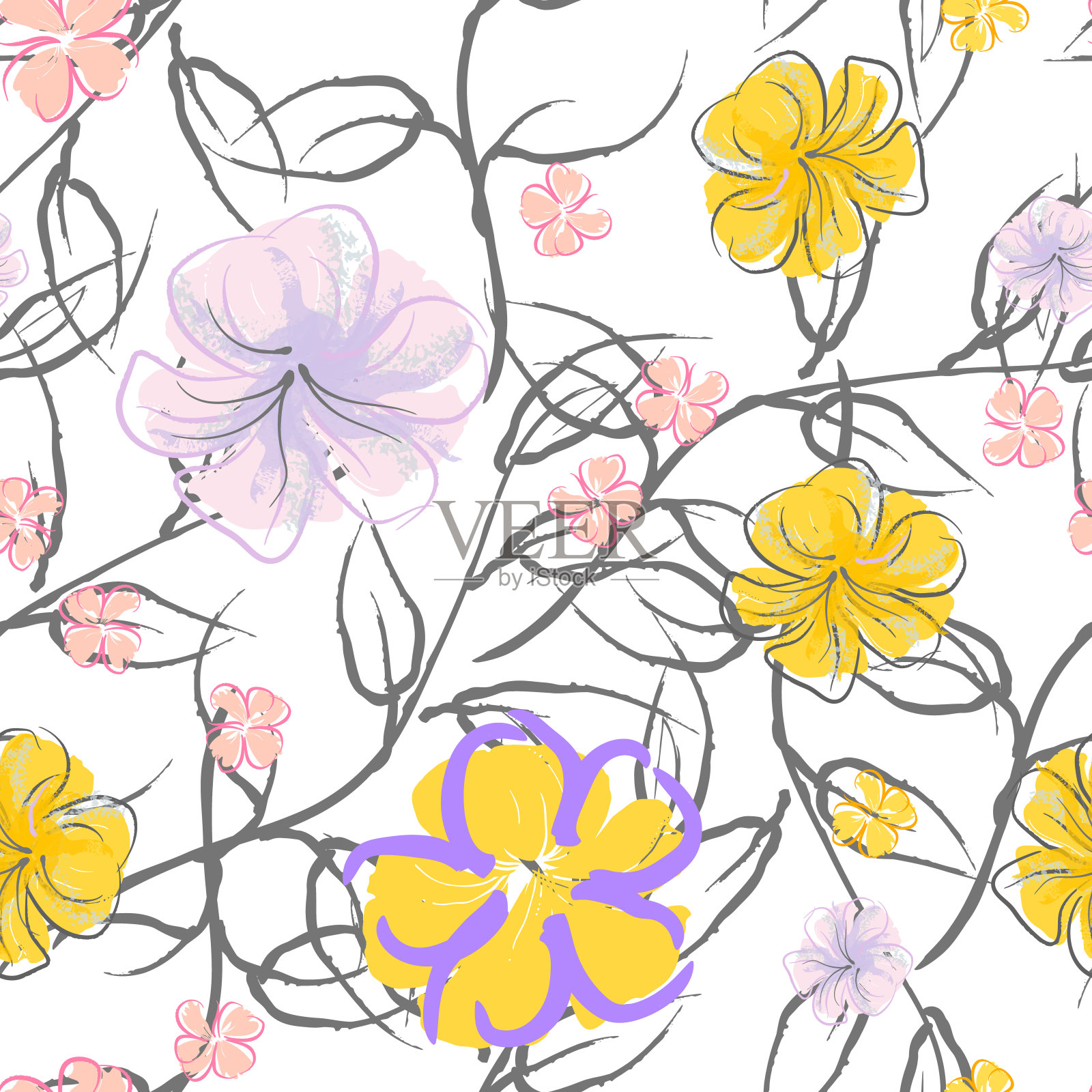 粉红色花朵盛开的图案。蜡笔水彩。插画图片素材